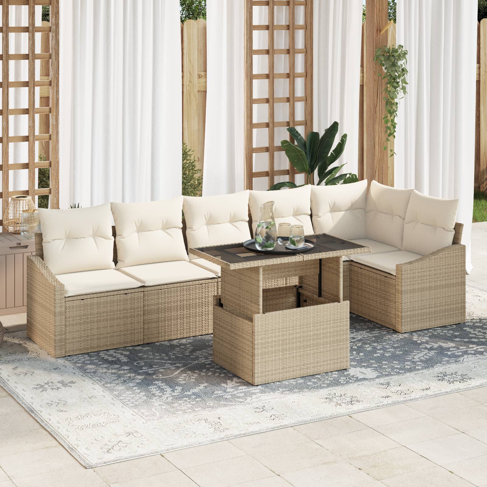 vidaXL 7-tlg. Garten-Sofagarnitur mit Kissen Beige Poly Rattan