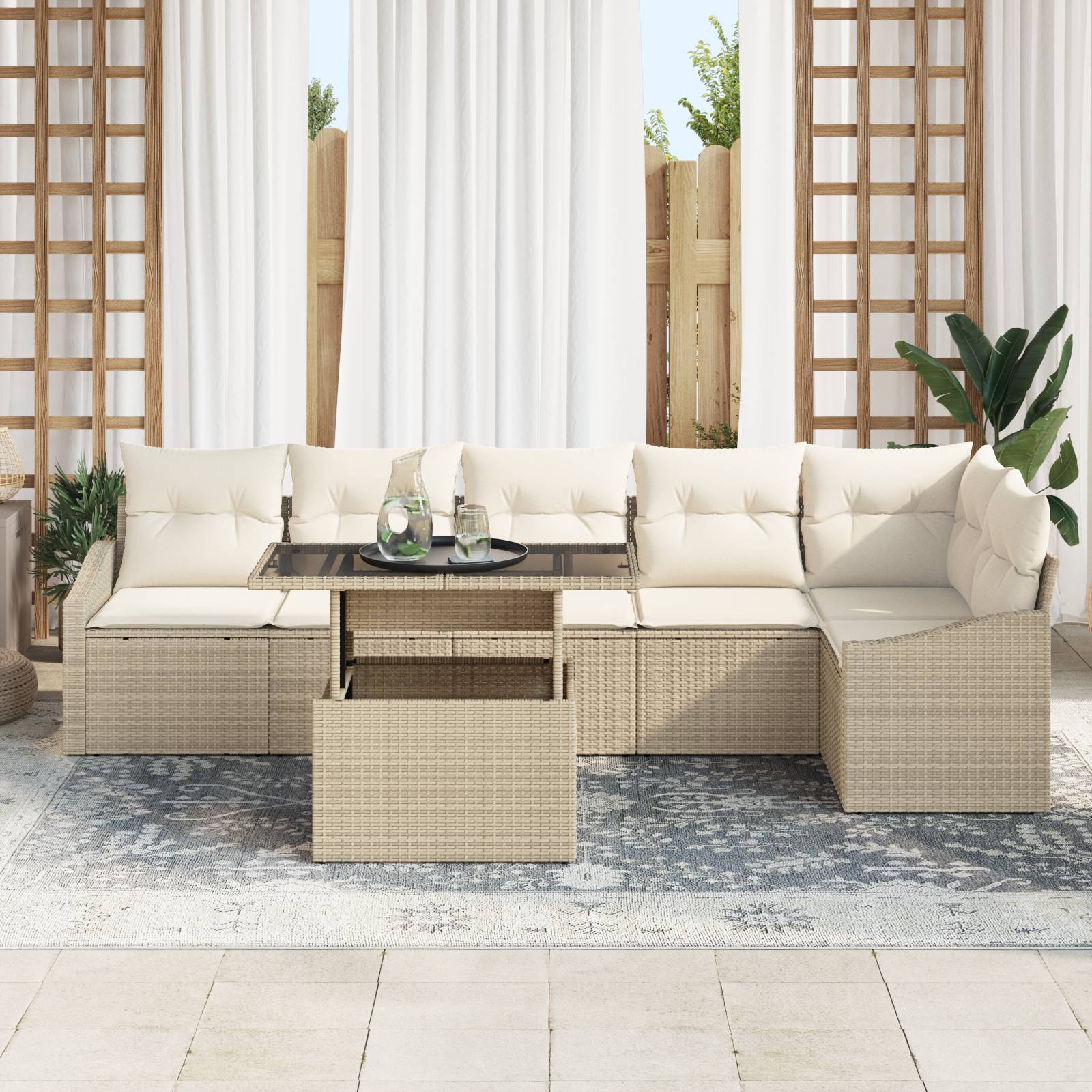 vidaXL 7-tlg. Garten-Sofagarnitur mit Kissen Beige Poly Rattan