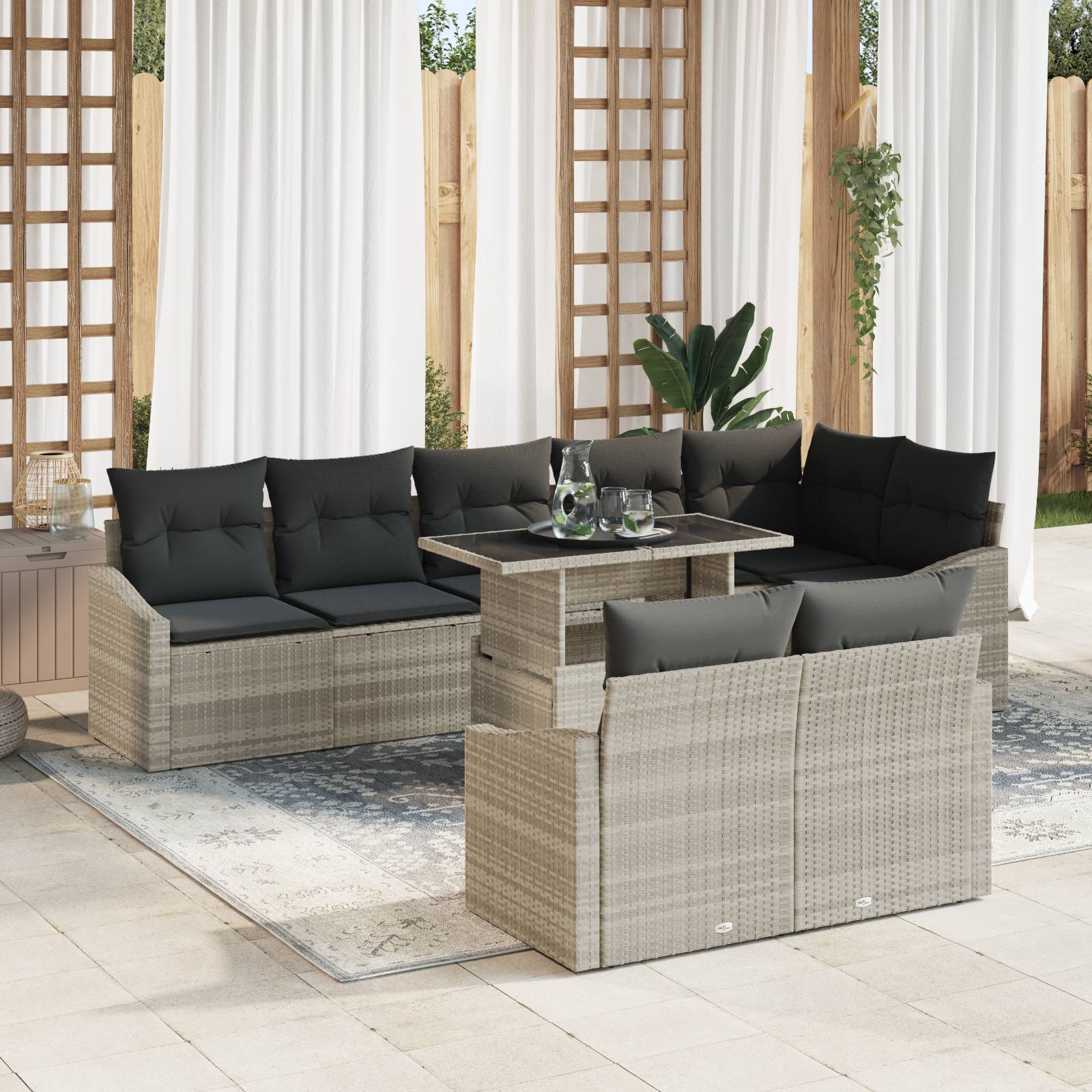 vidaXL 9-tlg. Garten-Sofagarnitur mit Kissen Hellgrau Poly Rattan