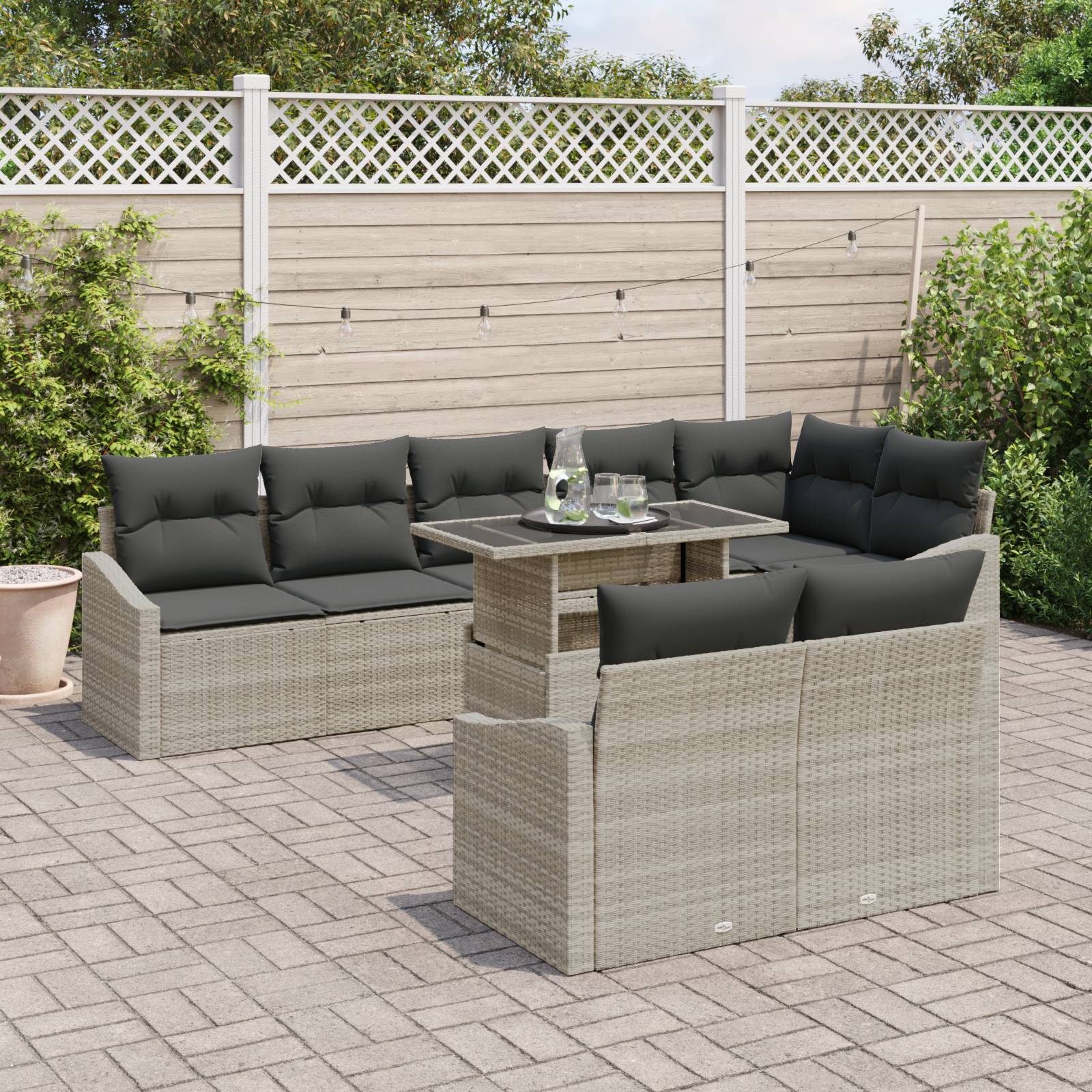 vidaXL 9-tlg. Garten-Sofagarnitur mit Kissen Hellgrau Poly Rattan