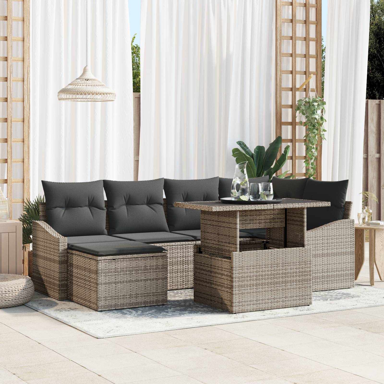 vidaXL 7 Teiliges Garten Sofa Set mit Kissen Grau Poly Rattan
