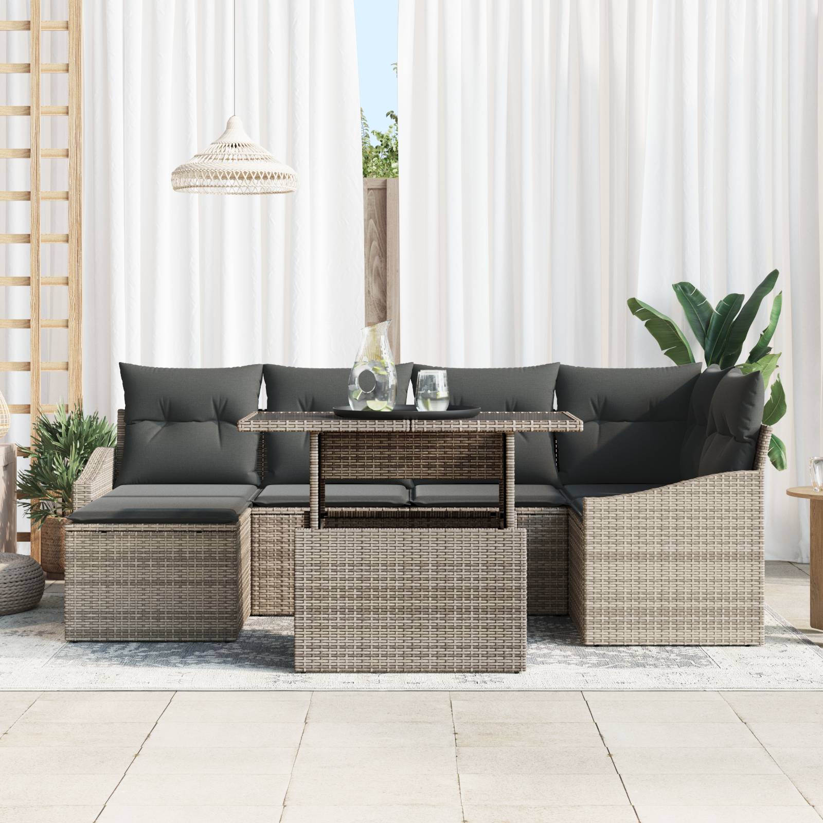 vidaXL 7 Teiliges Garten Sofa Set mit Kissen Grau Poly Rattan