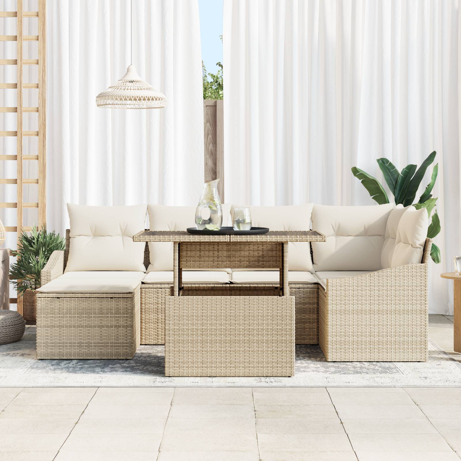 vidaXL 7-tlg. Garten-Sofagarnitur mit Kissen Beige Poly Rattan