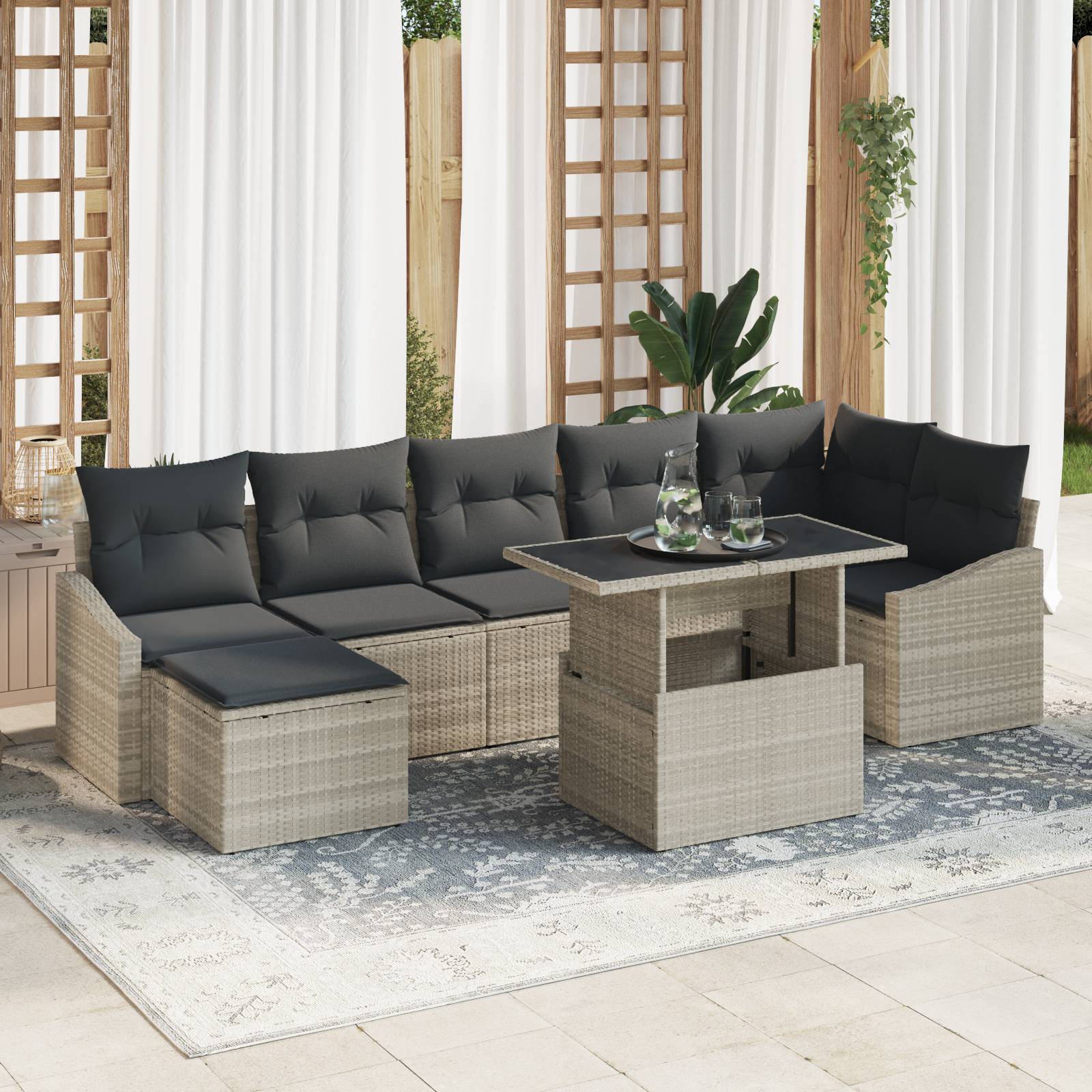 vidaXL 8-tlg. Garten-Sofagarnitur mit Kissen Hellgrau Poly Rattan