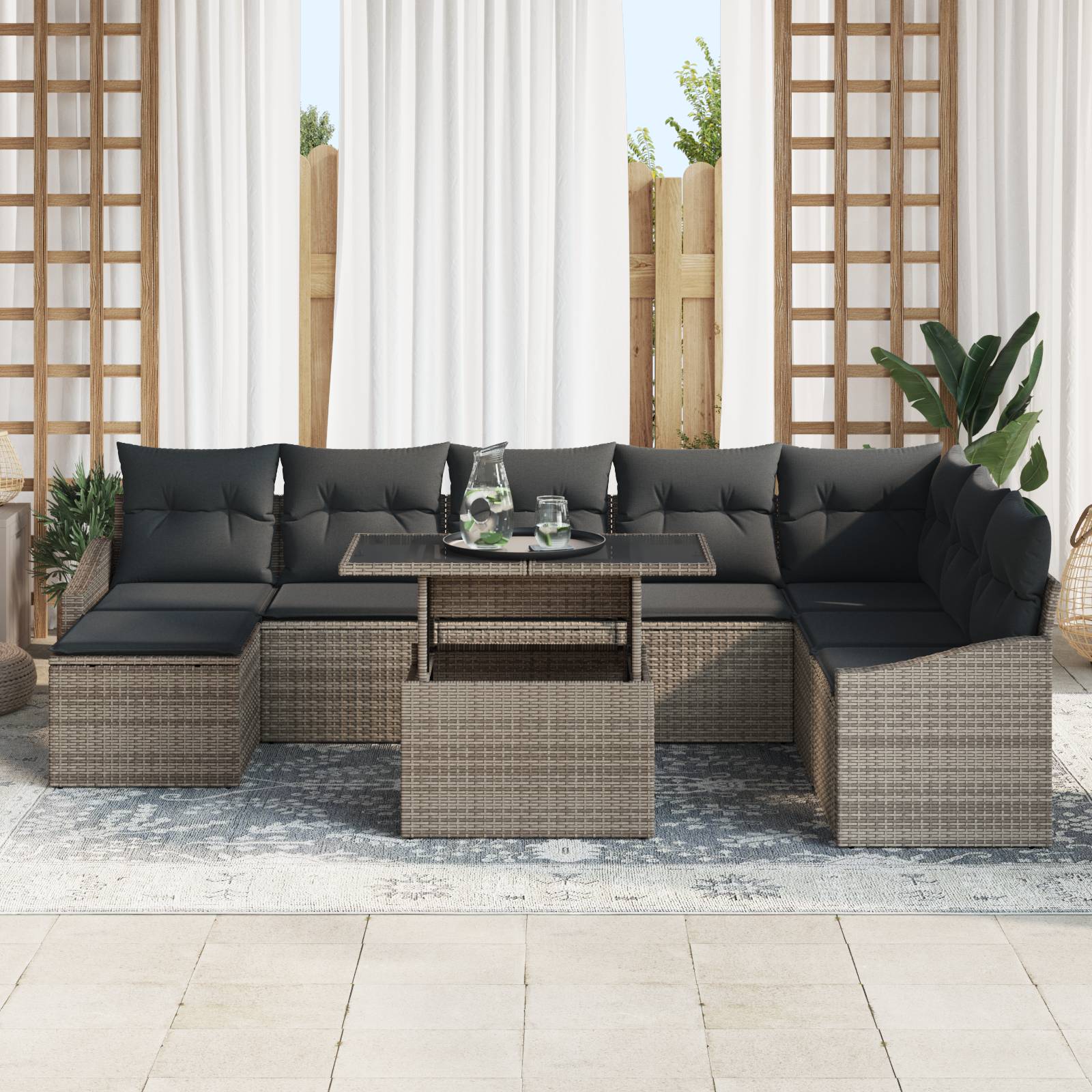 vidaXL 9-teiliges Garten-Sofa-Set mit Kissen Grau Poly Rattan