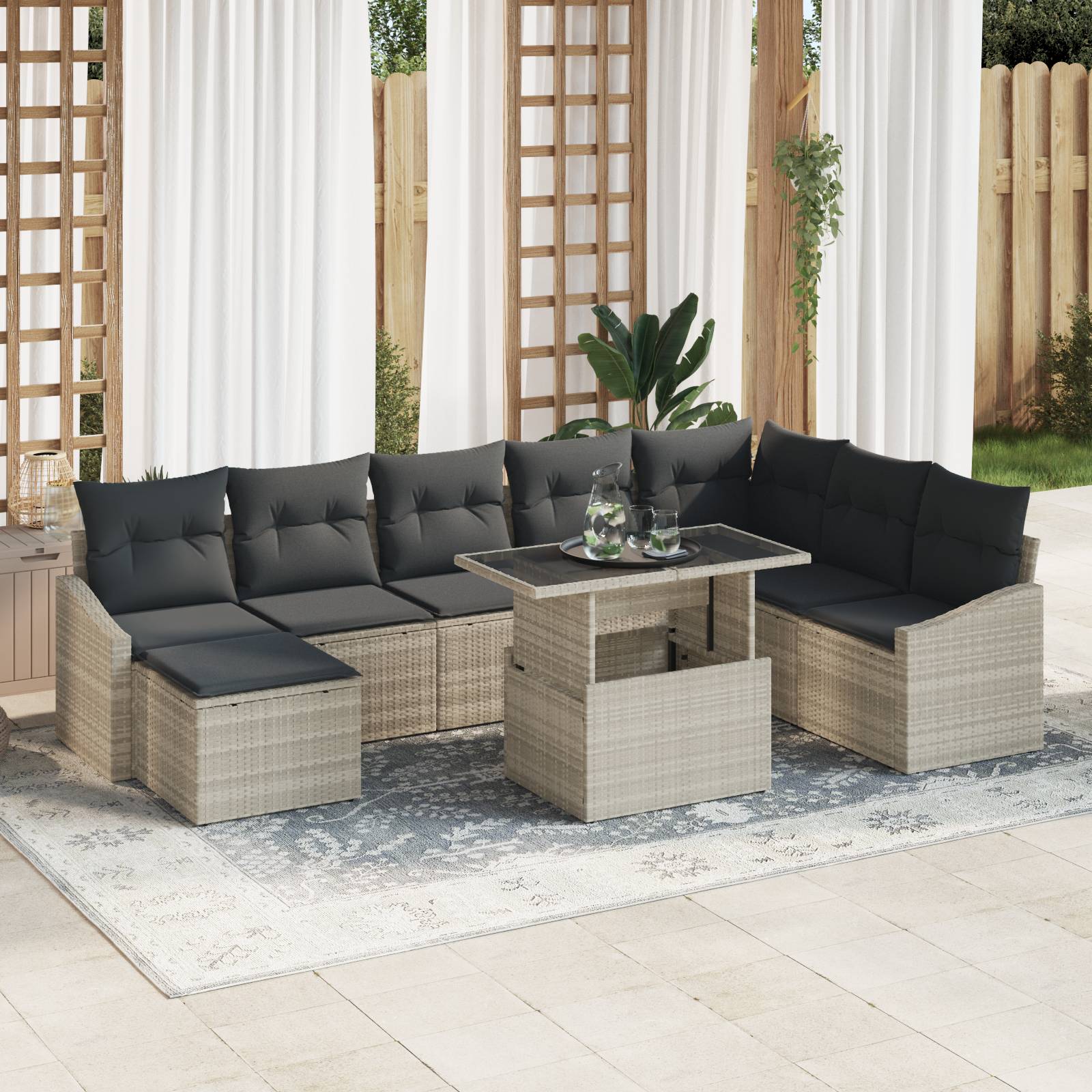 vidaXL 9-teiliges Garten-Sofa-Set mit Kissen in Hellgrau Poly-Rattan