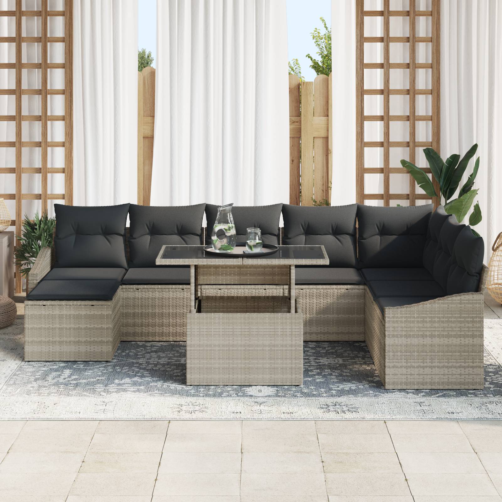 vidaXL 9-teiliges Garten-Sofa-Set mit Kissen in Hellgrau Poly-Rattan