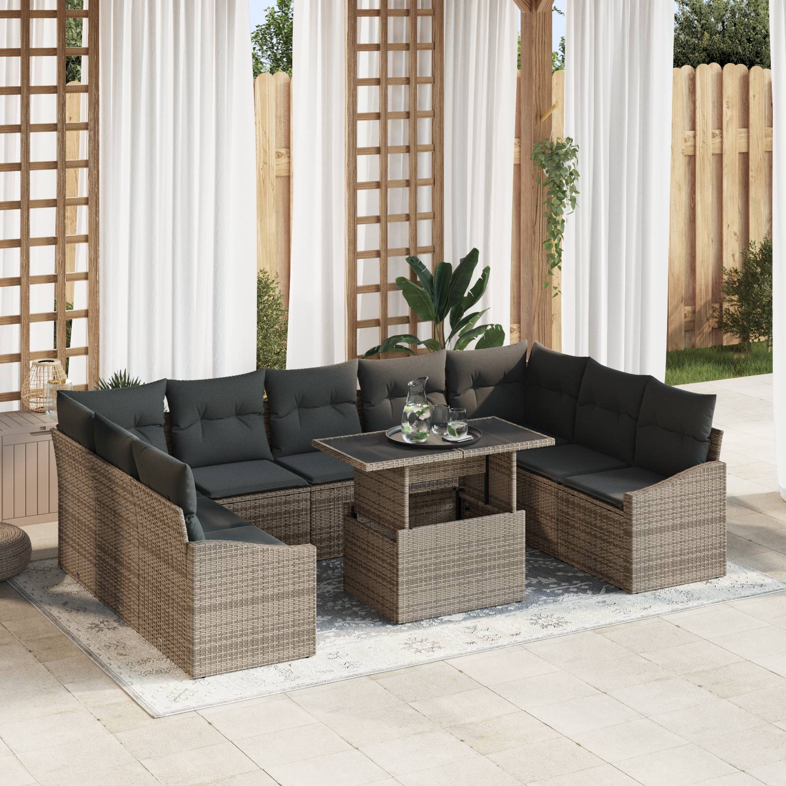 vidaXL 10-teiliges Garten Sofaset mit Kissen Grau Poly Rattan