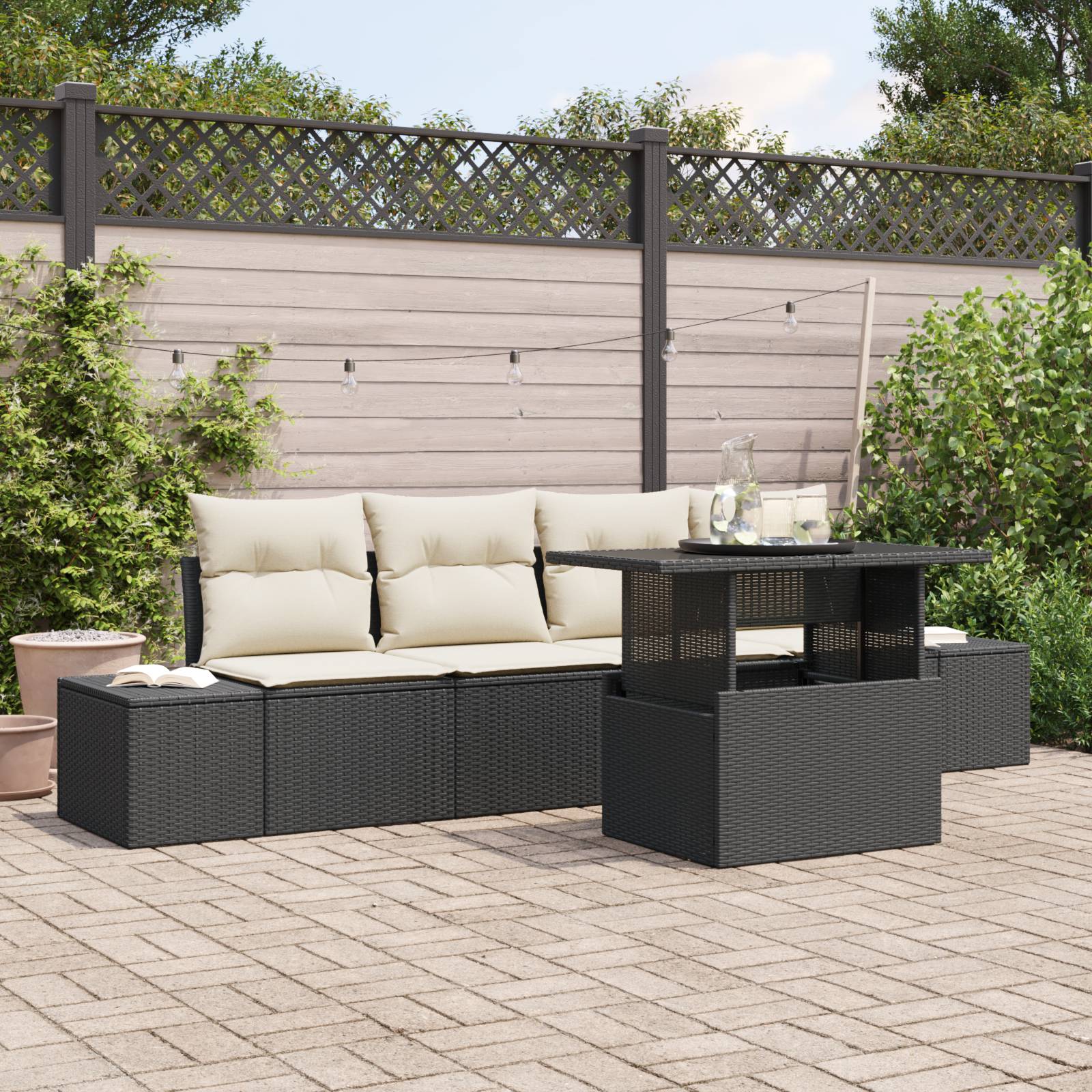 vidaXL 5-tlg. Garten-Sofagarnitur mit Kissen Schwarz Poly Rattan