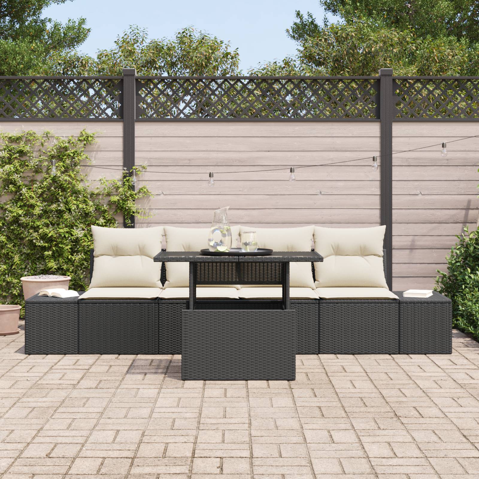vidaXL 5-tlg. Garten-Sofagarnitur mit Kissen Schwarz Poly Rattan
