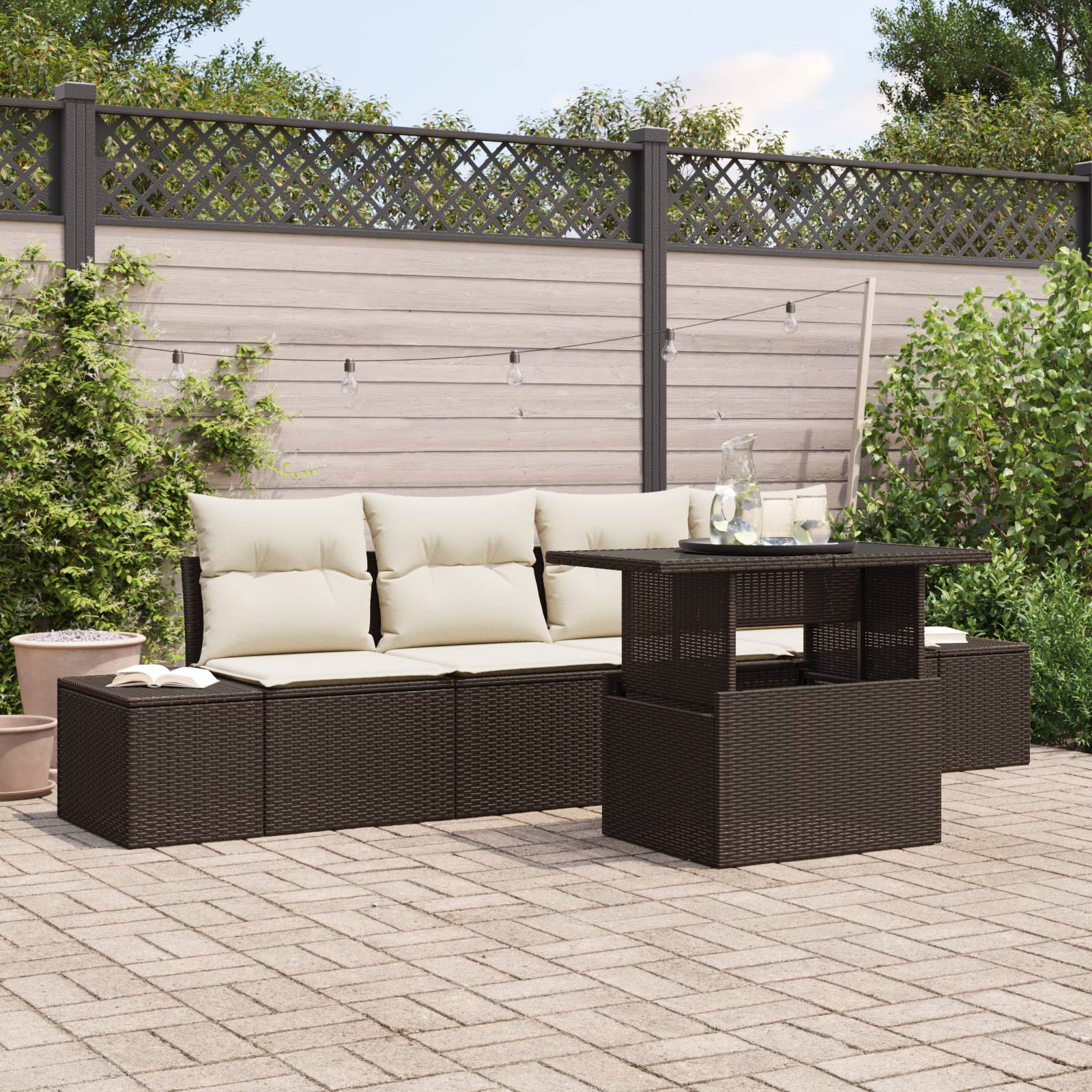 vidaXL 5-tlg. Garten-Sofagarnitur mit Kissen Braun Poly Rattan