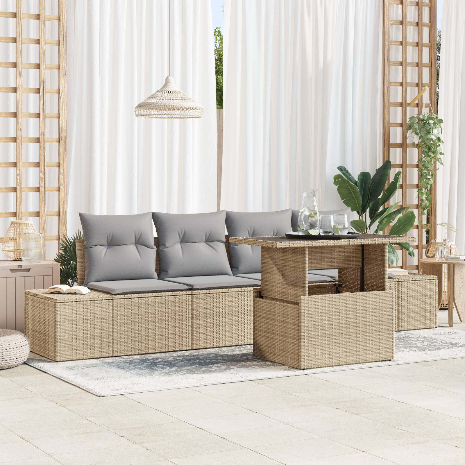 vidaXL 5-tlg. Garten-Sofagarnitur mit Kissen Beige Poly Rattan