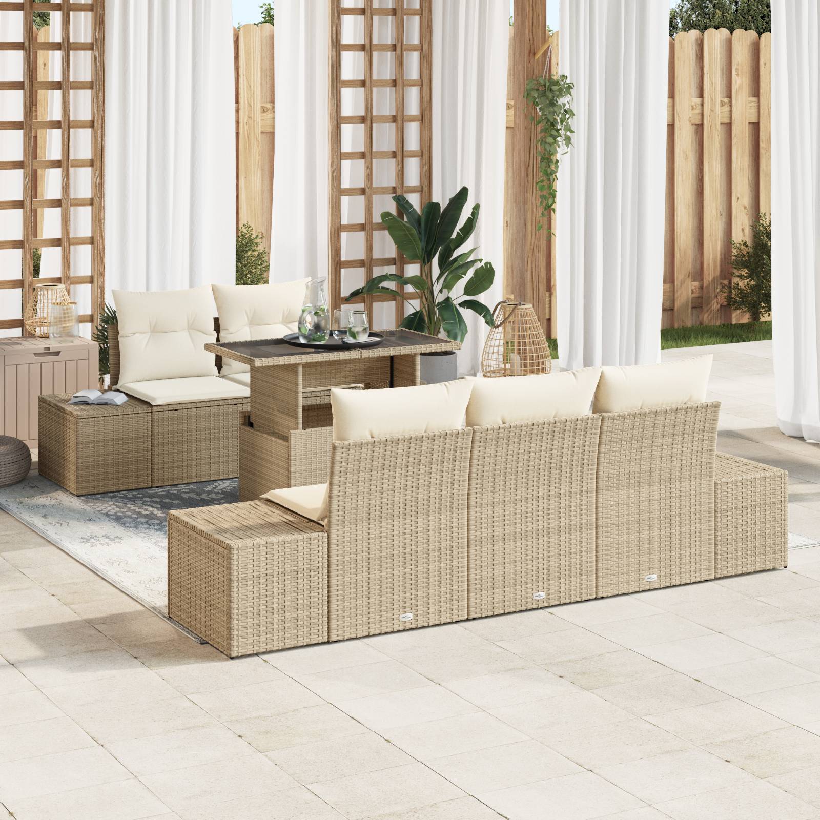 vidaXL 6-tlg. Garten-Sofagarnitur mit Kissen Beige Poly Rattan