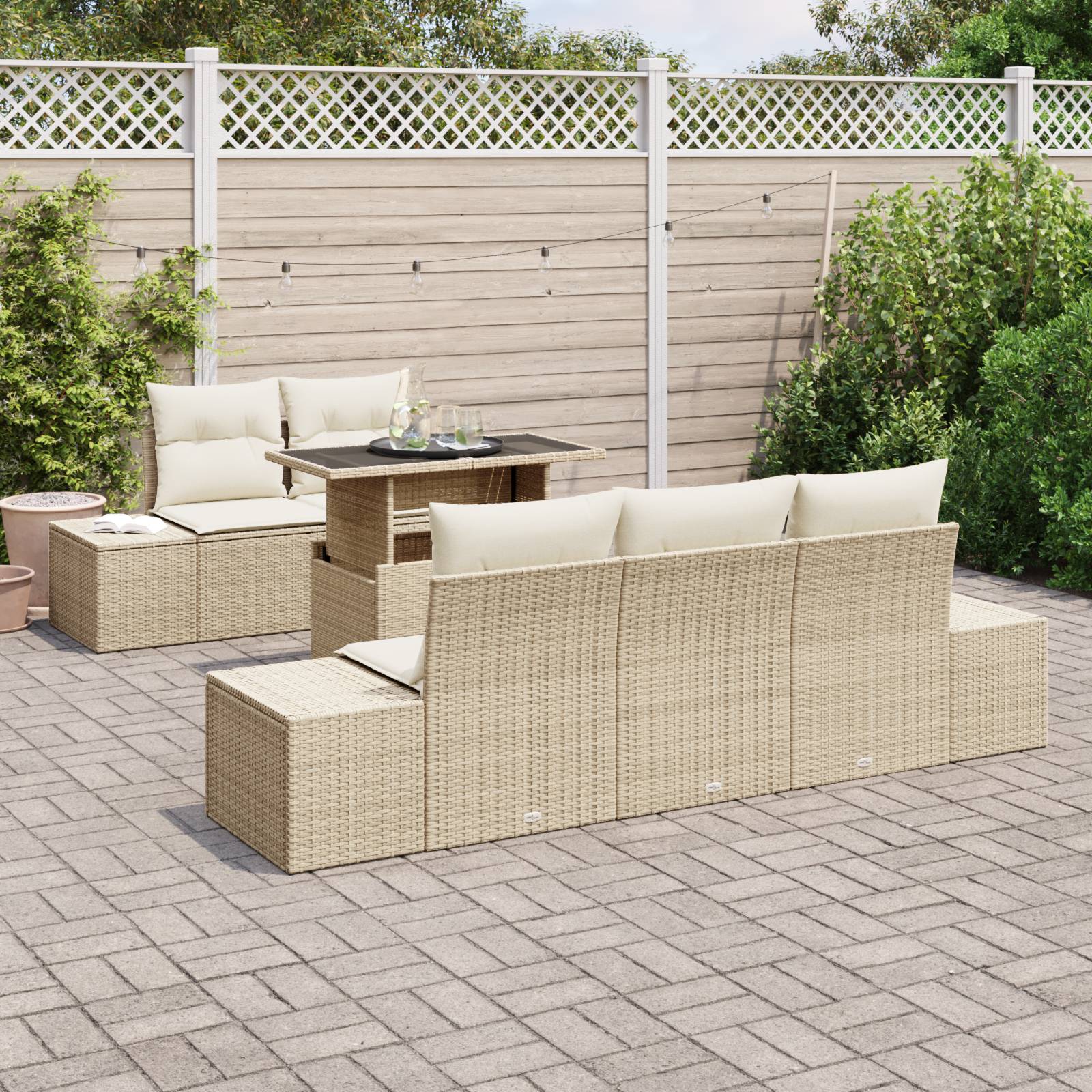 vidaXL 6-tlg. Garten-Sofagarnitur mit Kissen Beige Poly Rattan