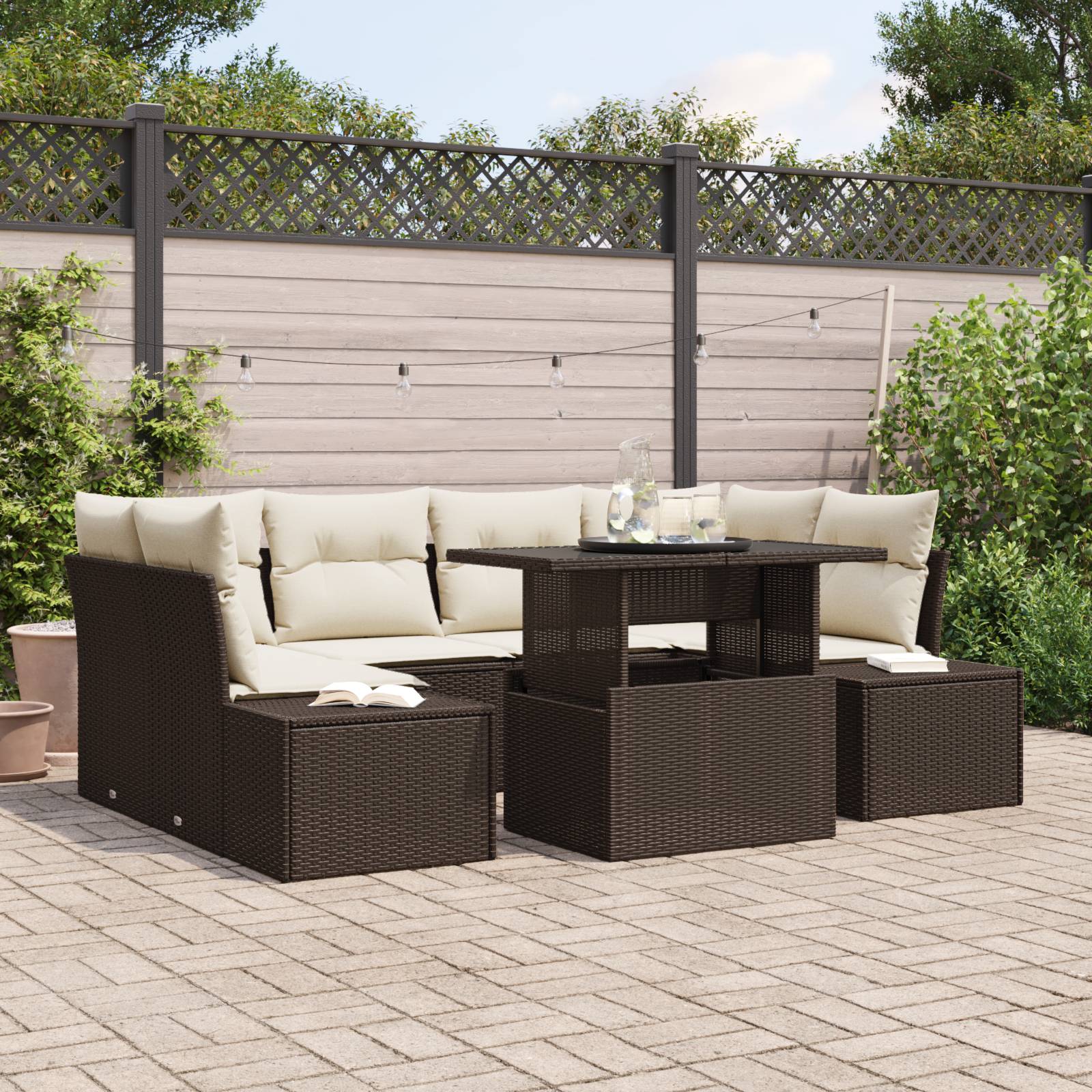 vidaXL 7-tlg. Garten-Sofagarnitur mit Kissen Braun Poly Rattan