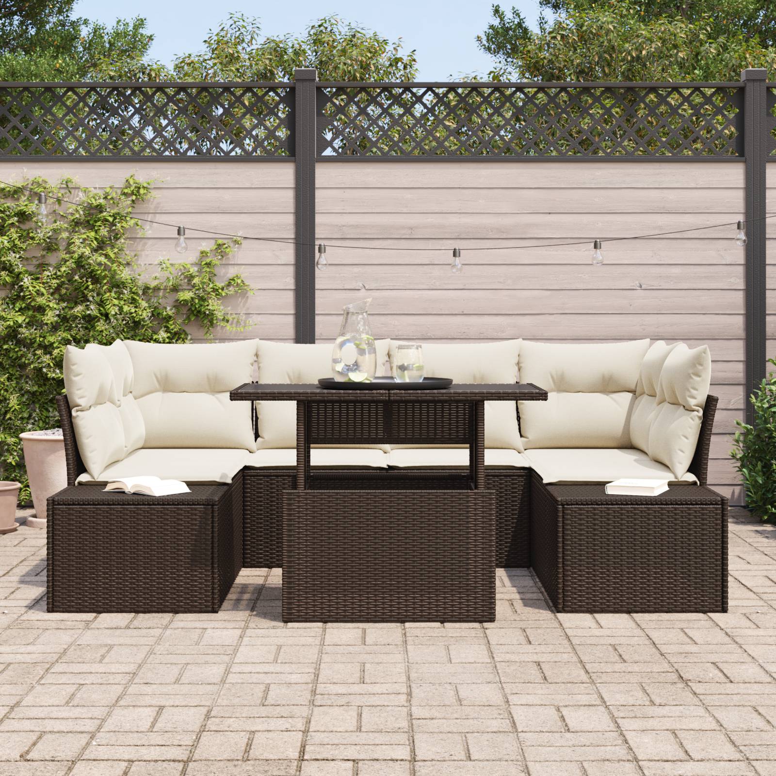 vidaXL 7-tlg. Garten-Sofagarnitur mit Kissen Braun Poly Rattan