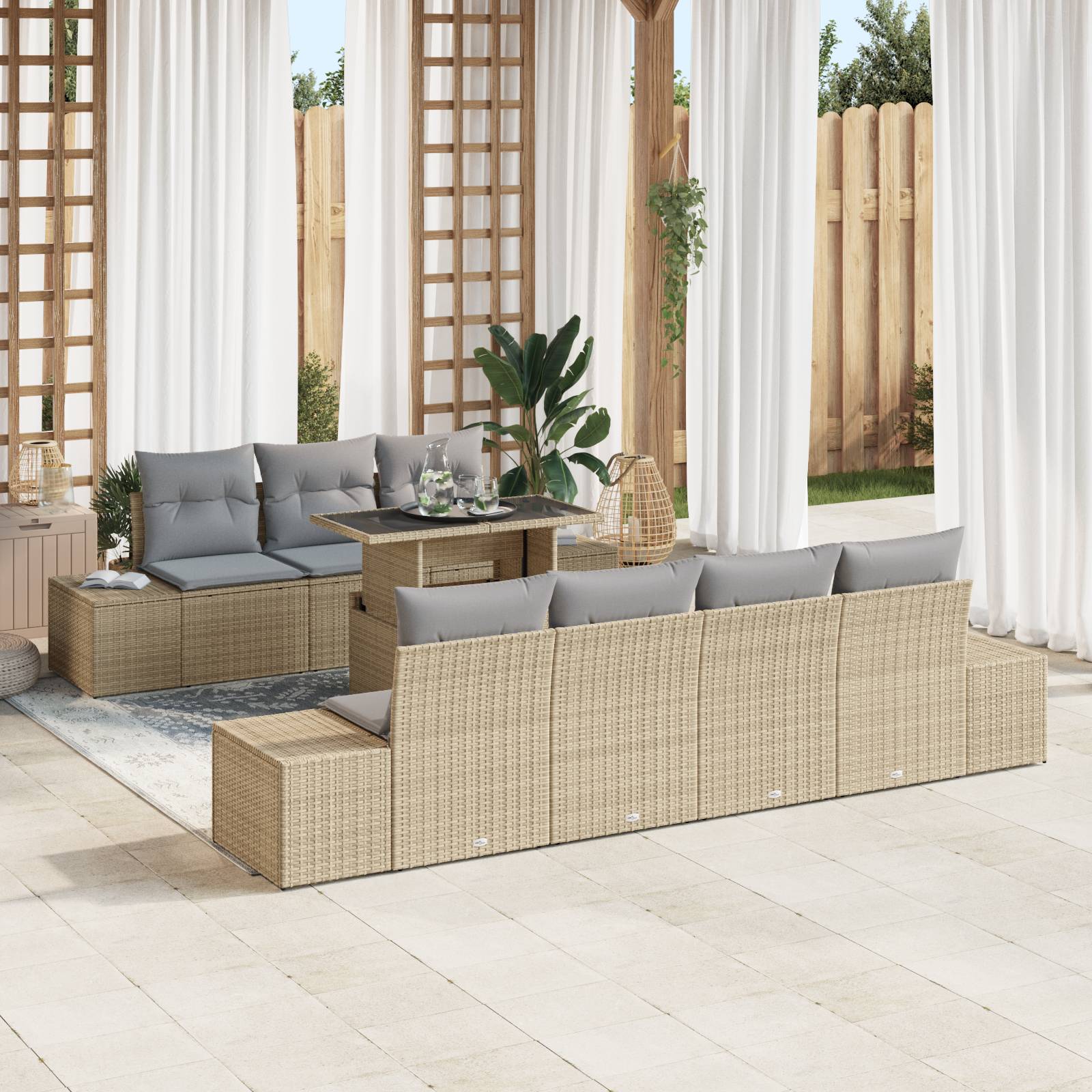 vidaXL 8-tlg. Garten-Sofagarnitur mit Kissen Beige Poly Rattan