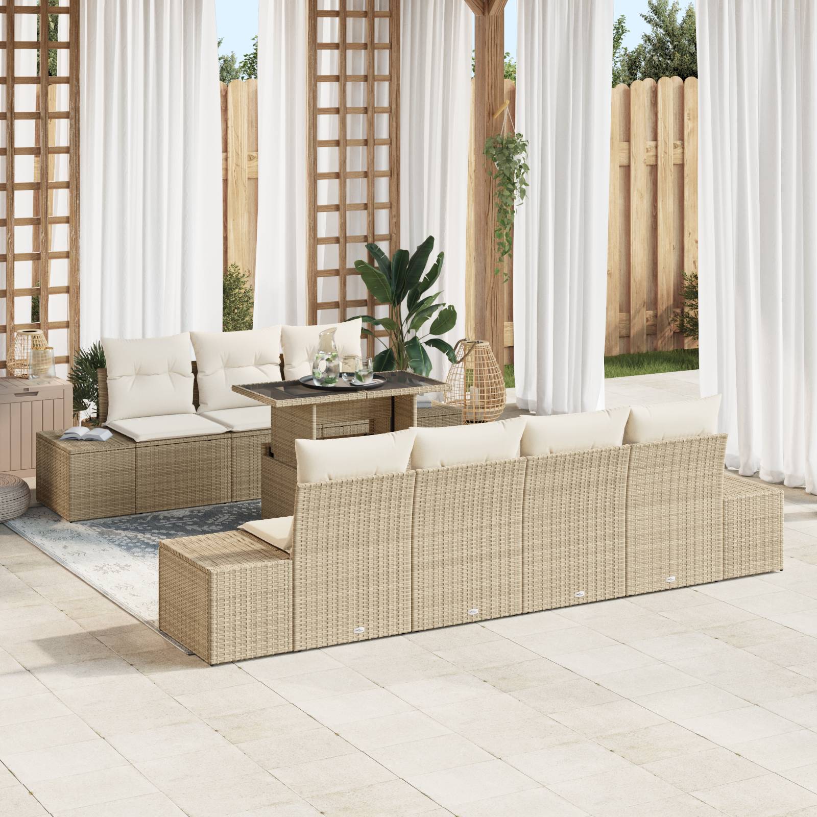vidaXL 8-tlg. Garten-Sofagarnitur mit Kissen Beige Poly Rattan