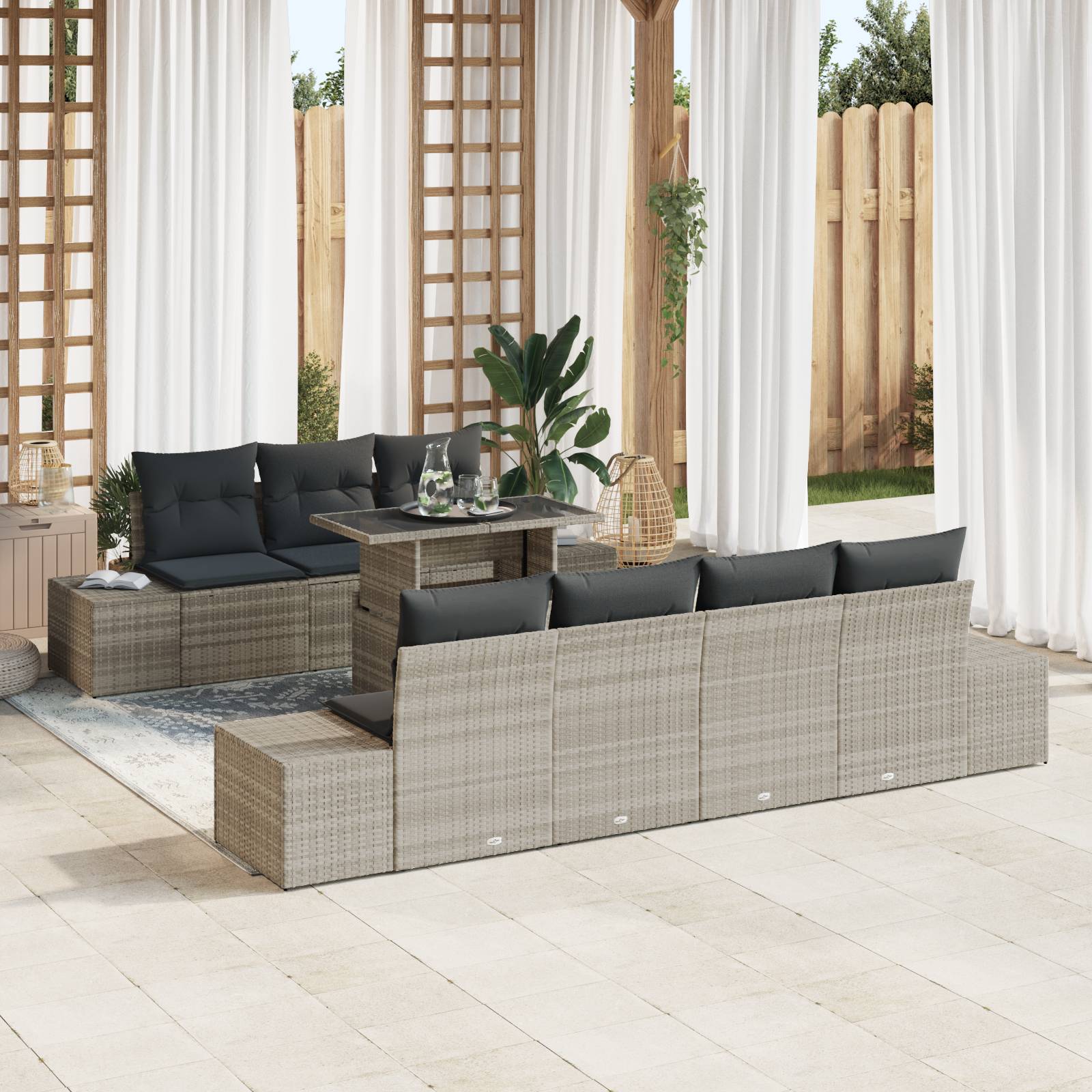 vidaXL 8-tlg. Garten-Sofagarnitur mit Kissen Hellgrau Poly Rattan