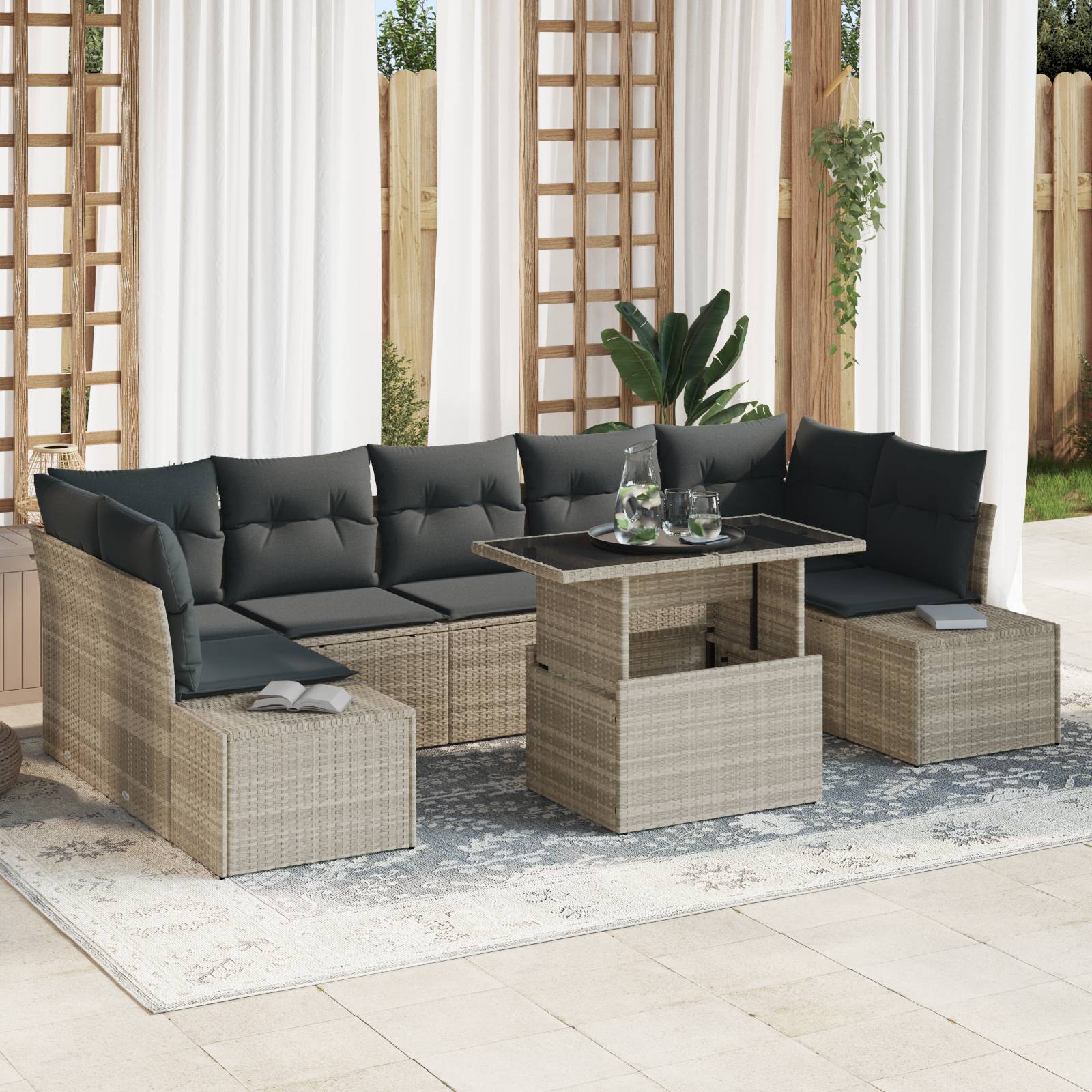 vidaXL 8-tlg. Garten-Sofagarnitur mit Kissen Hellgrau Poly Rattan
