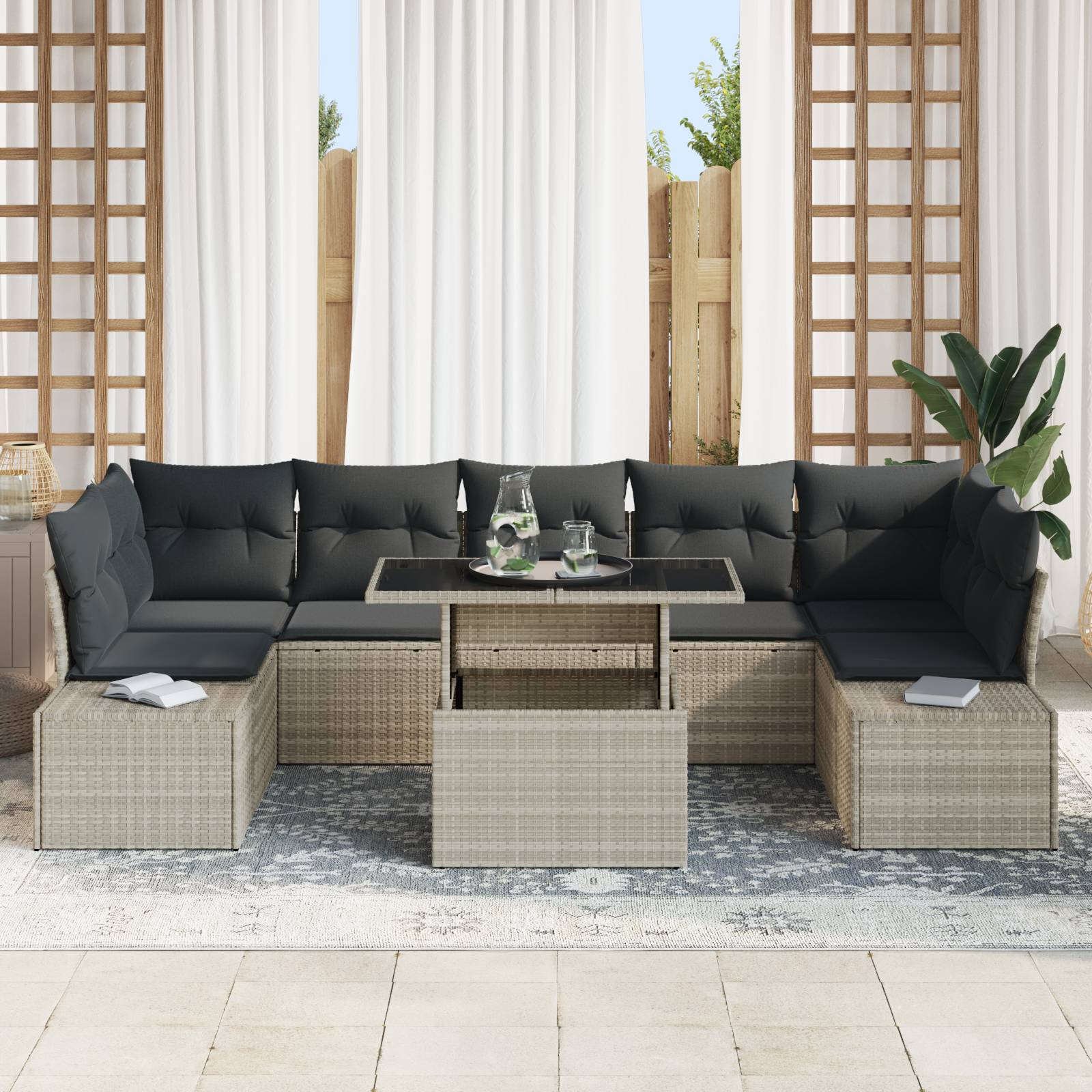 vidaXL 8-tlg. Garten-Sofagarnitur mit Kissen Hellgrau Poly Rattan