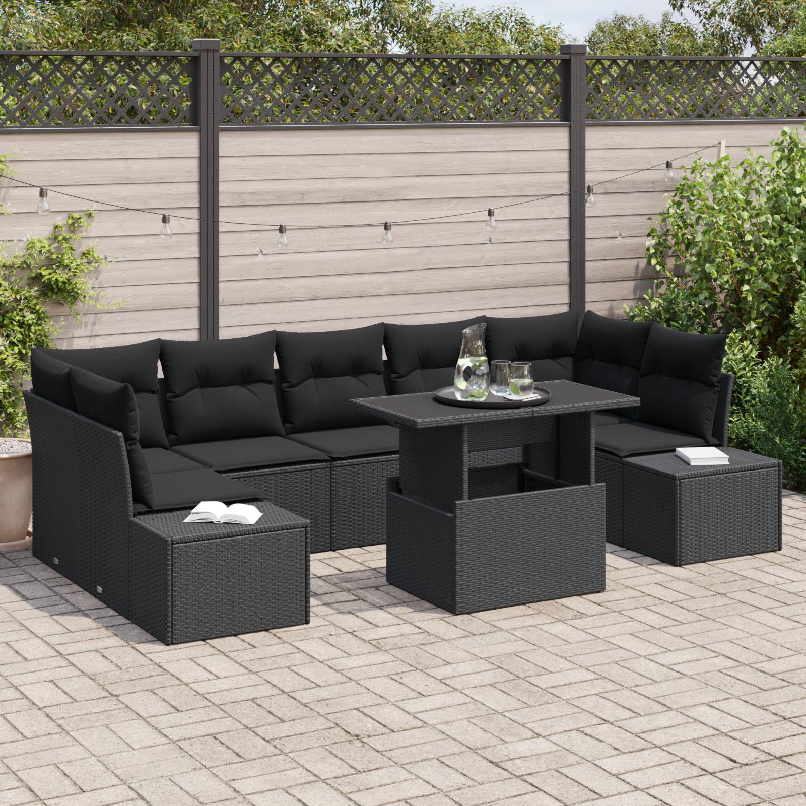 vidaXL 8-tlg. Garten-Sofagarnitur mit Kissen Schwarz Poly Rattan