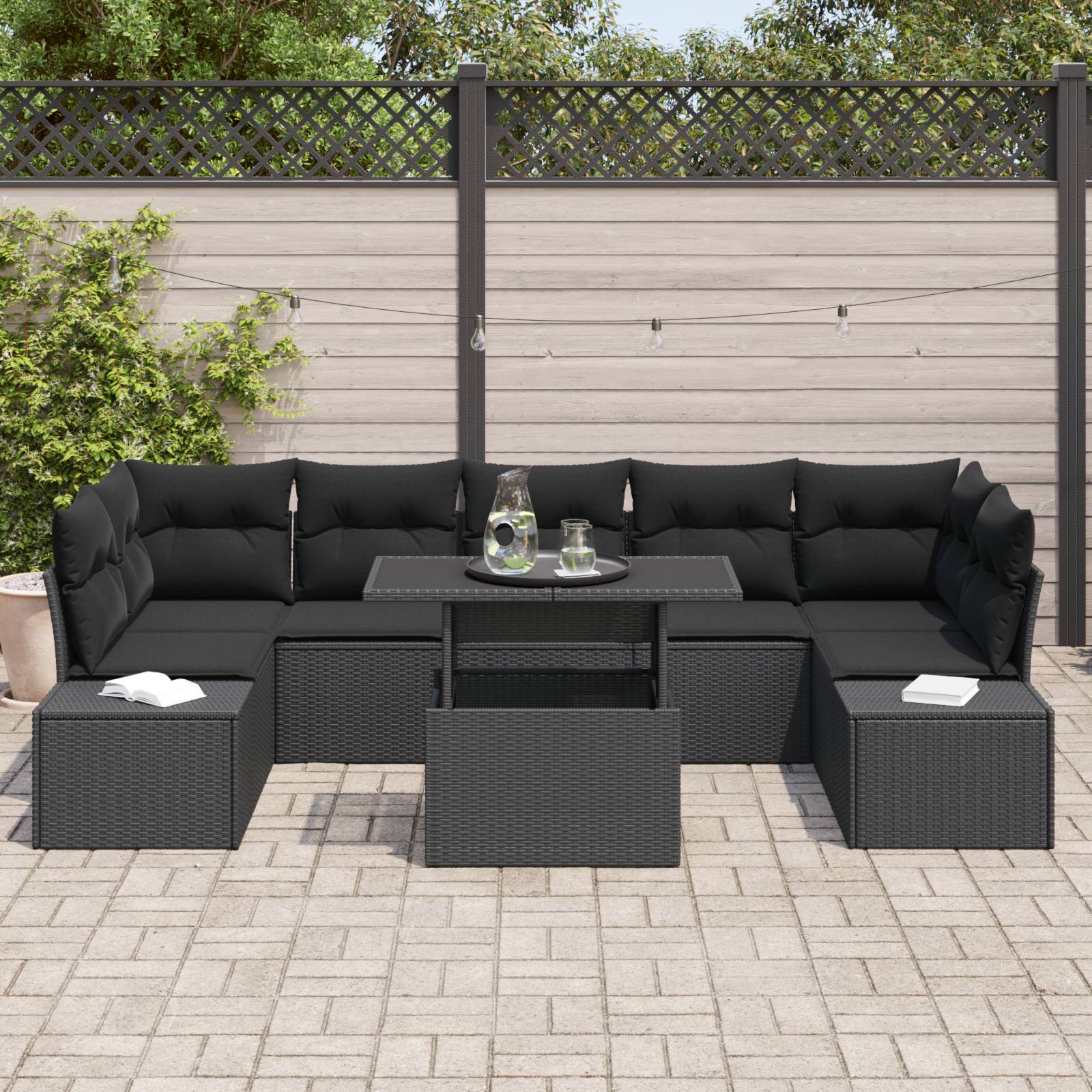 vidaXL 8-tlg. Garten-Sofagarnitur mit Kissen Schwarz Poly Rattan