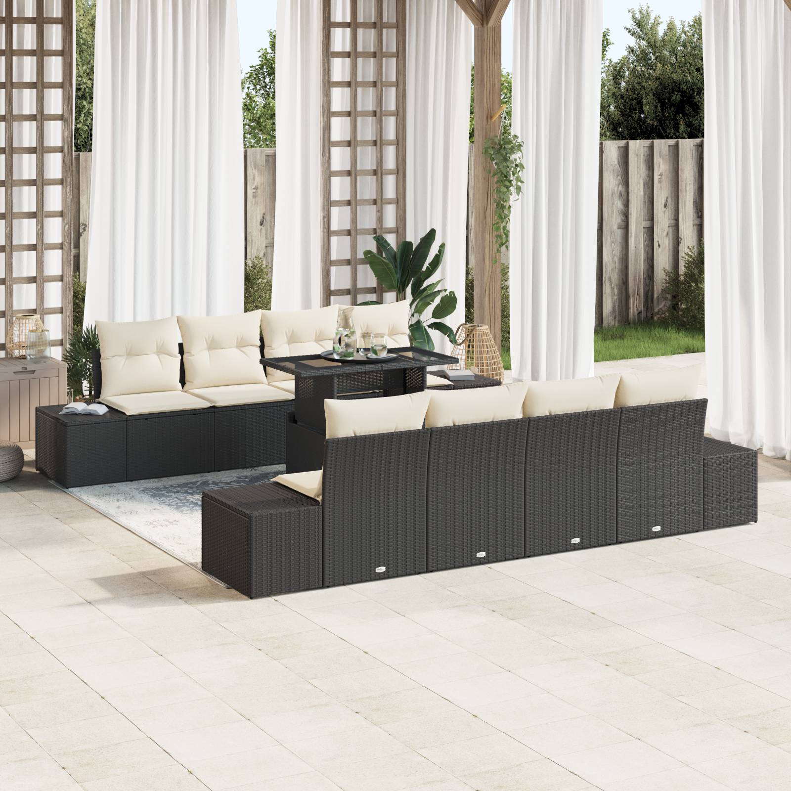 vidaXL 7-tlg. Garten-Sofagarnitur mit Kissen Schwarz Poly Rattan