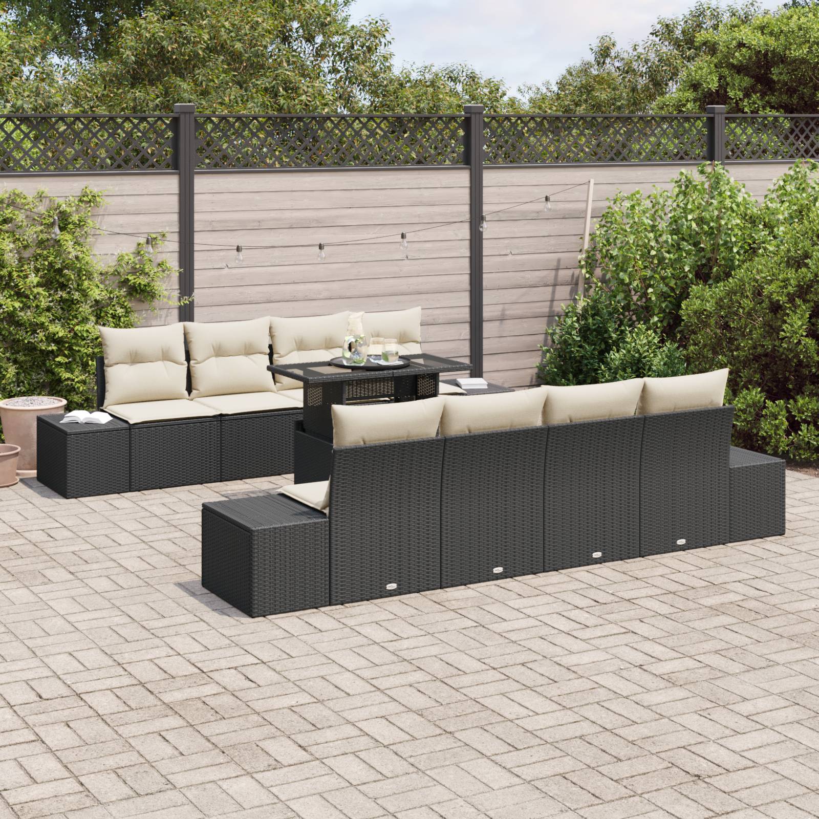 vidaXL 7-tlg. Garten-Sofagarnitur mit Kissen Schwarz Poly Rattan