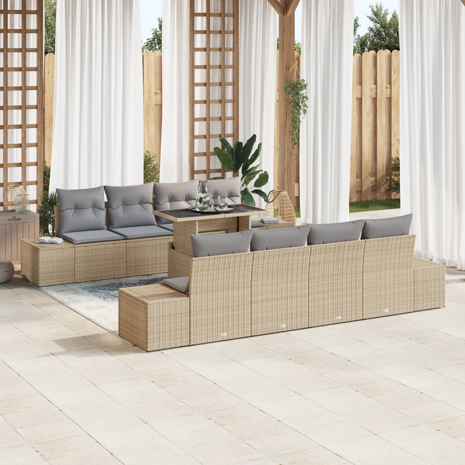 vidaXL 7-tlg. Garten-Sofagarnitur mit Kissen Beige Poly Rattan