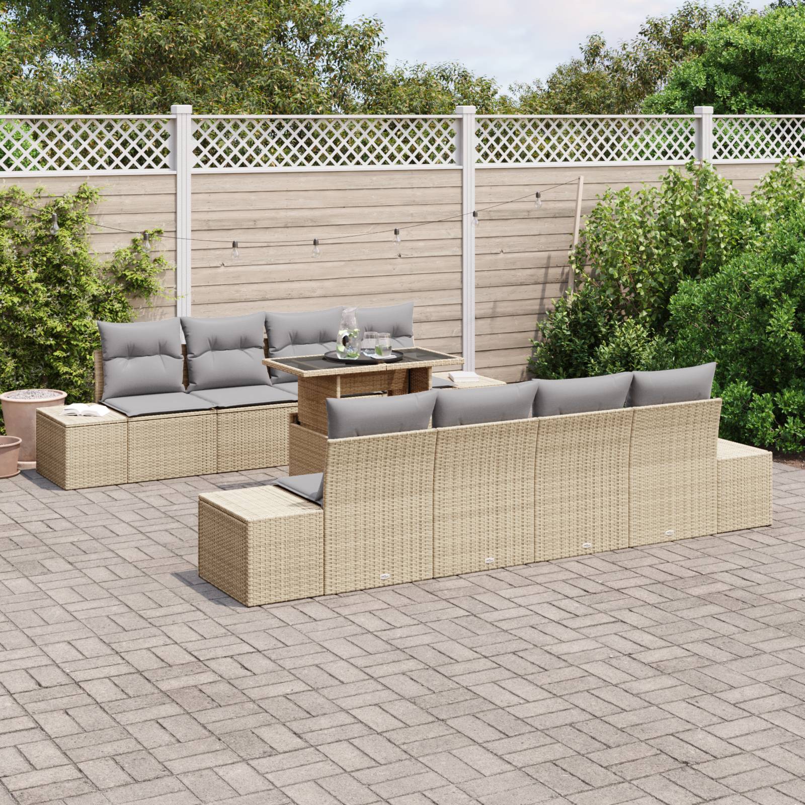 vidaXL 7-tlg. Garten-Sofagarnitur mit Kissen Beige Poly Rattan