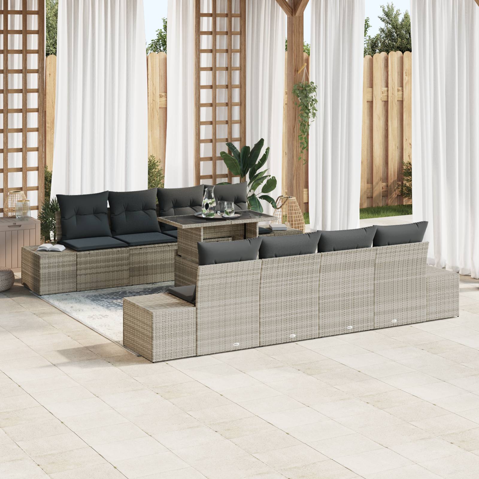 vidaXL 9-tlg. Garten-Sofagarnitur mit Kissen Hellgrau Poly Rattan