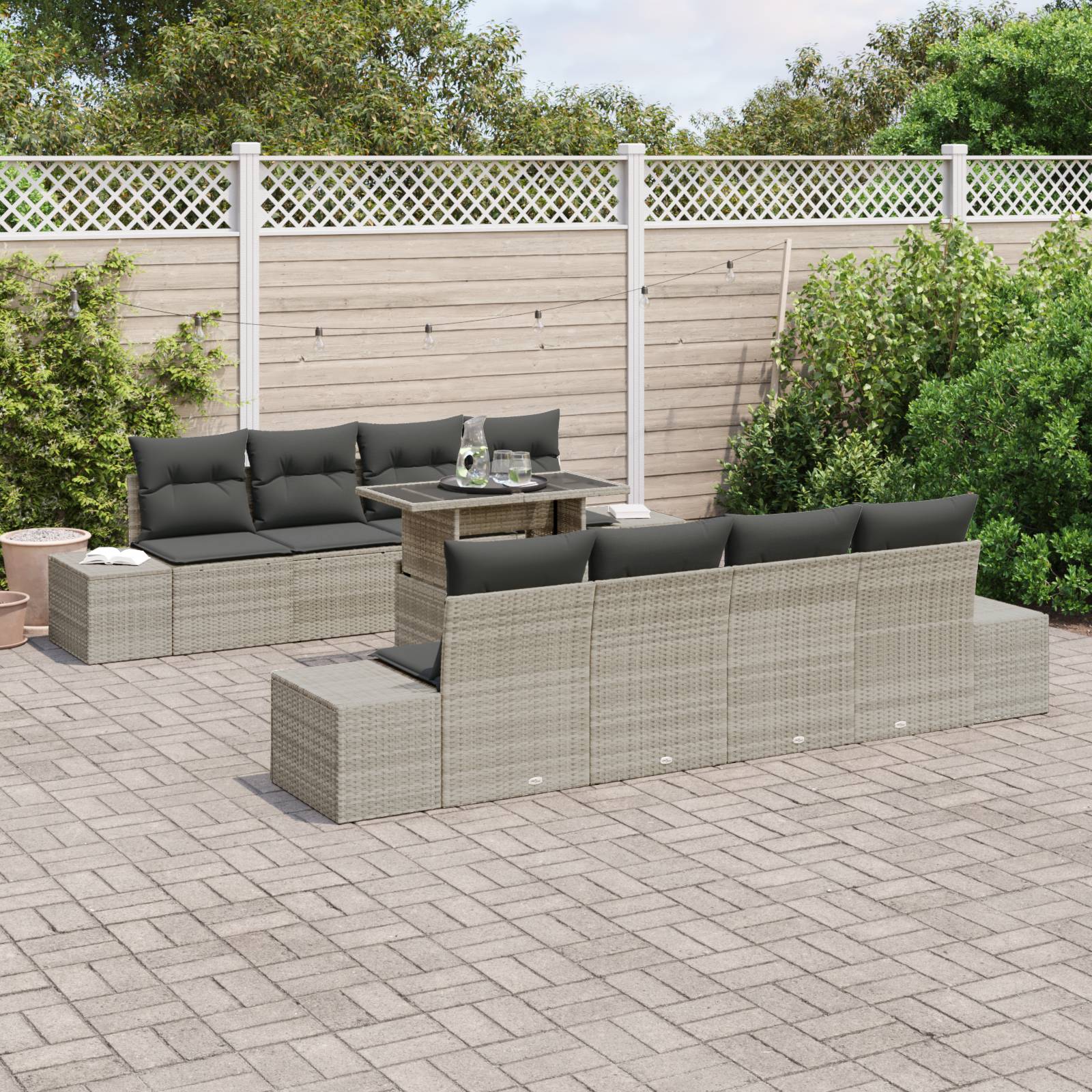 vidaXL 9-tlg. Garten-Sofagarnitur mit Kissen Hellgrau Poly Rattan