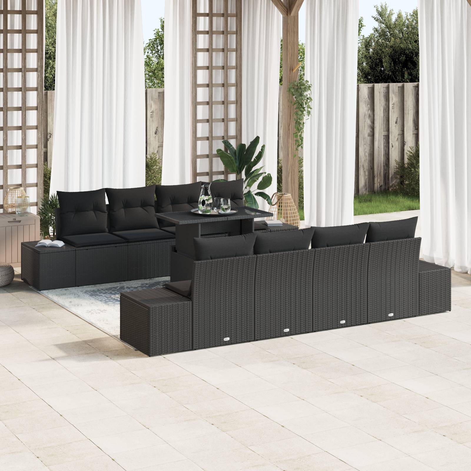 vidaXL 7-tlg. Garten-Sofagarnitur mit Kissen Schwarz Poly Rattan
