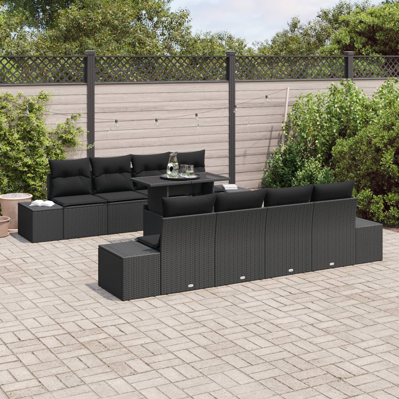 vidaXL 7-tlg. Garten-Sofagarnitur mit Kissen Schwarz Poly Rattan