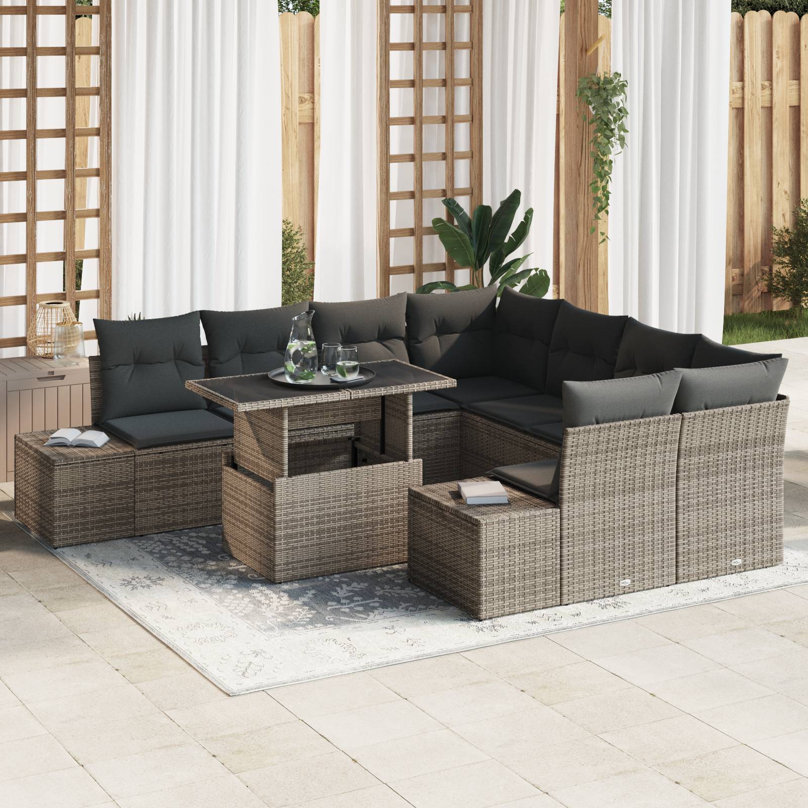 vidaXL 9-tlg. Garten-Sofagarnitur mit Kissen Grau Poly Rattan