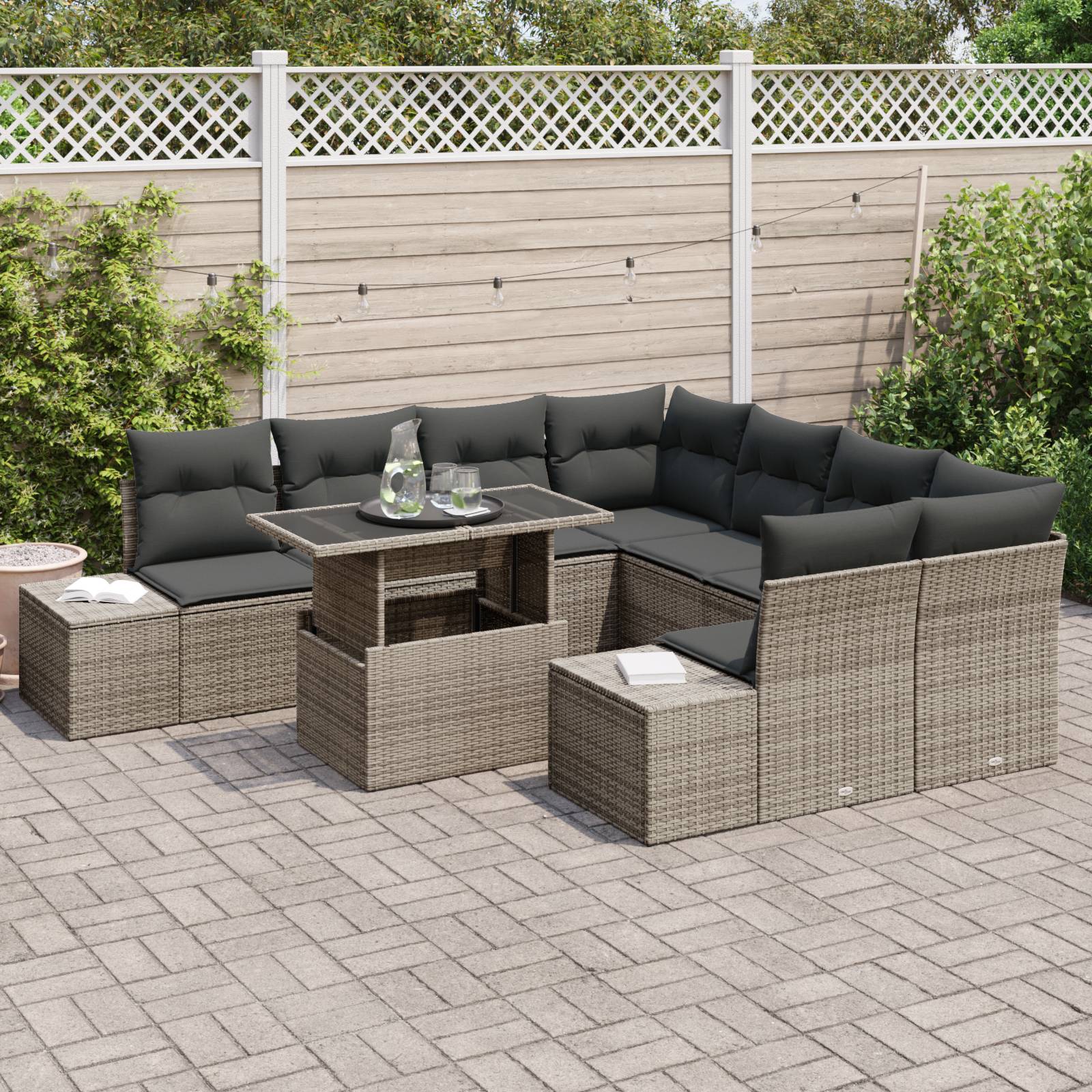 vidaXL 9-tlg. Garten-Sofagarnitur mit Kissen Grau Poly Rattan