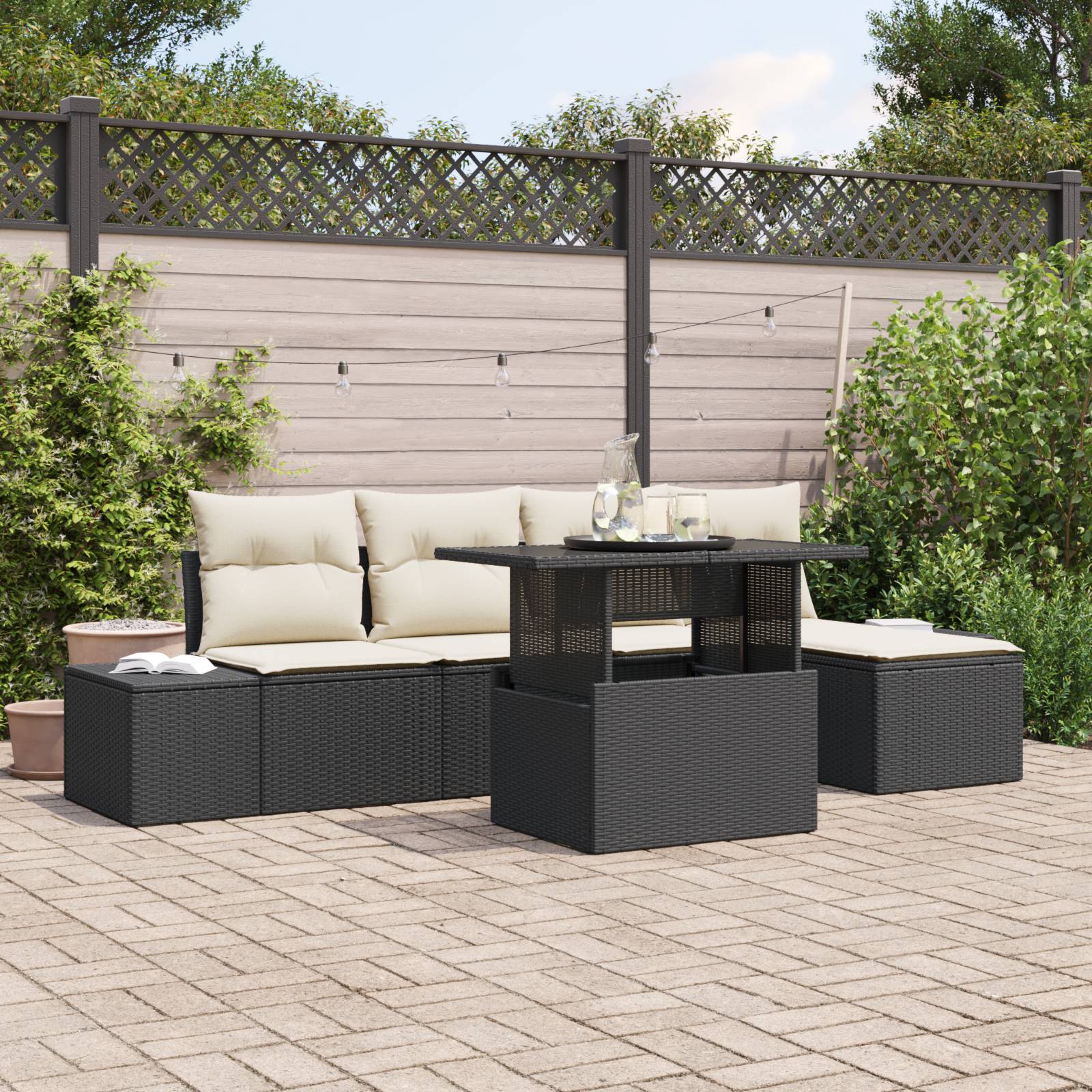 vidaXL 6-tlg. Garten-Sofagarnitur mit Kissen Schwarz Poly Rattan