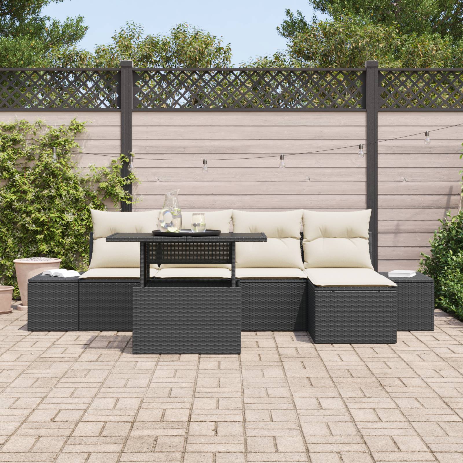 vidaXL 6-tlg. Garten-Sofagarnitur mit Kissen Schwarz Poly Rattan