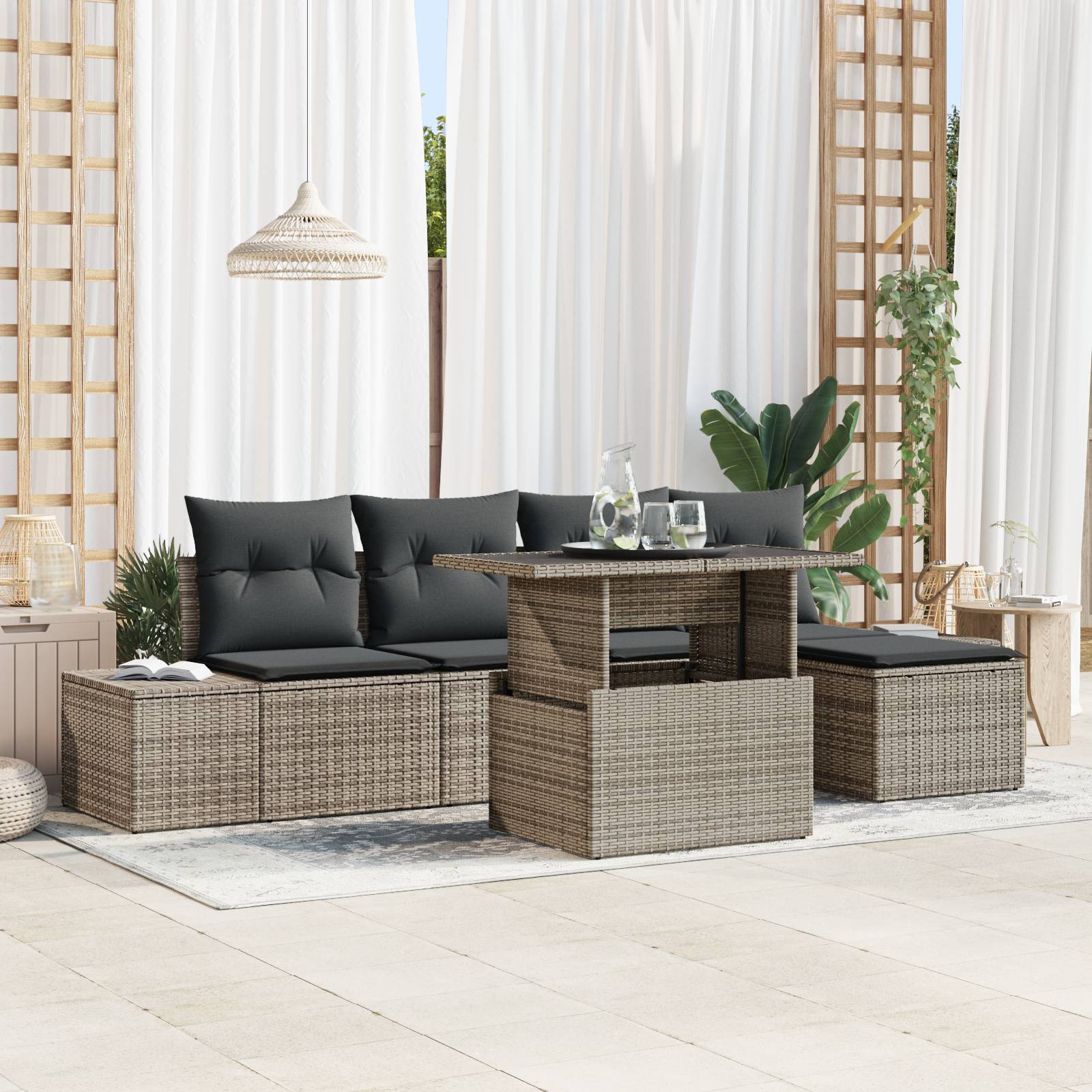 vidaXL 6-tlg. Garten-Sofagarnitur mit Kissen Grau Poly Rattan