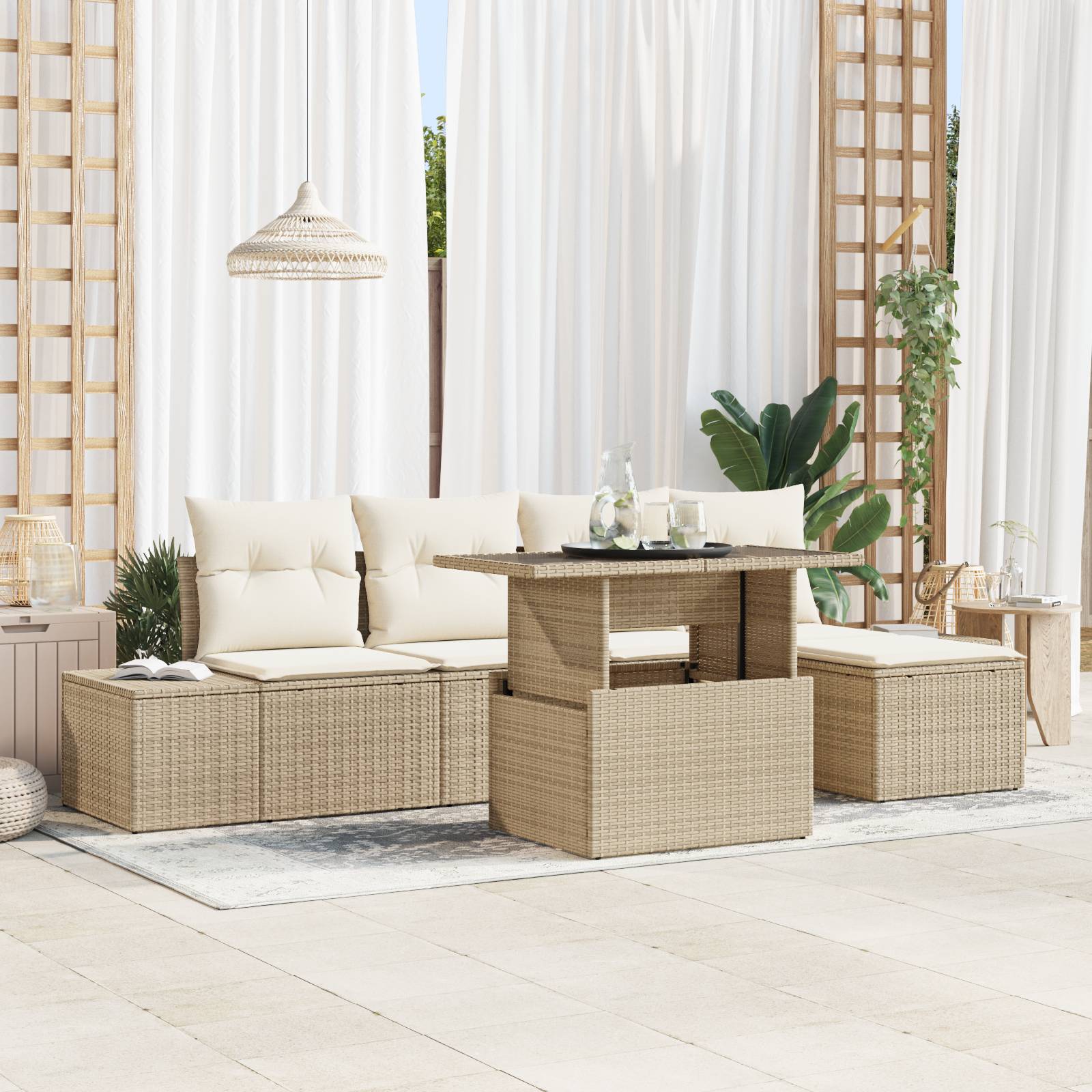vidaXL 6-tlg. Garten-Sofagarnitur mit Kissen Beige Poly Rattan