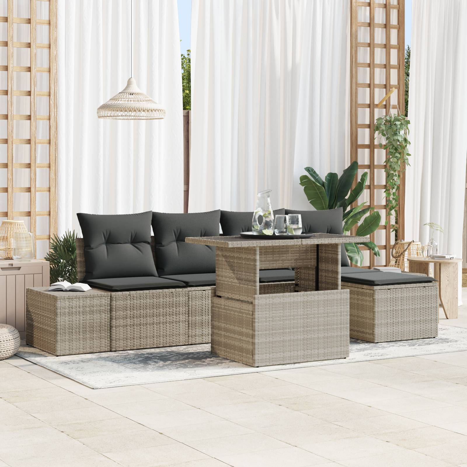 vidaXL 6-tlg. Garten-Sofagarnitur mit Kissen Hellgrau Poly Rattan
