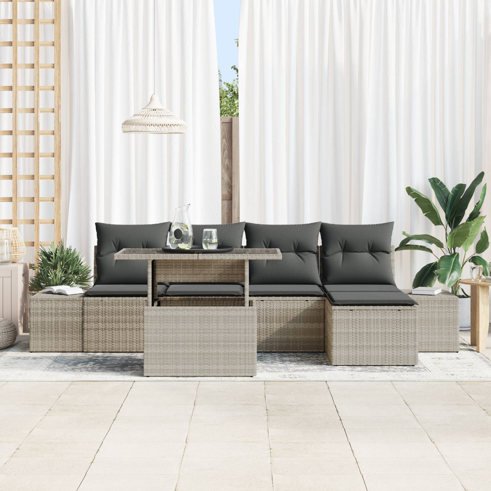 vidaXL 6-tlg. Garten-Sofagarnitur mit Kissen Hellgrau Poly Rattan