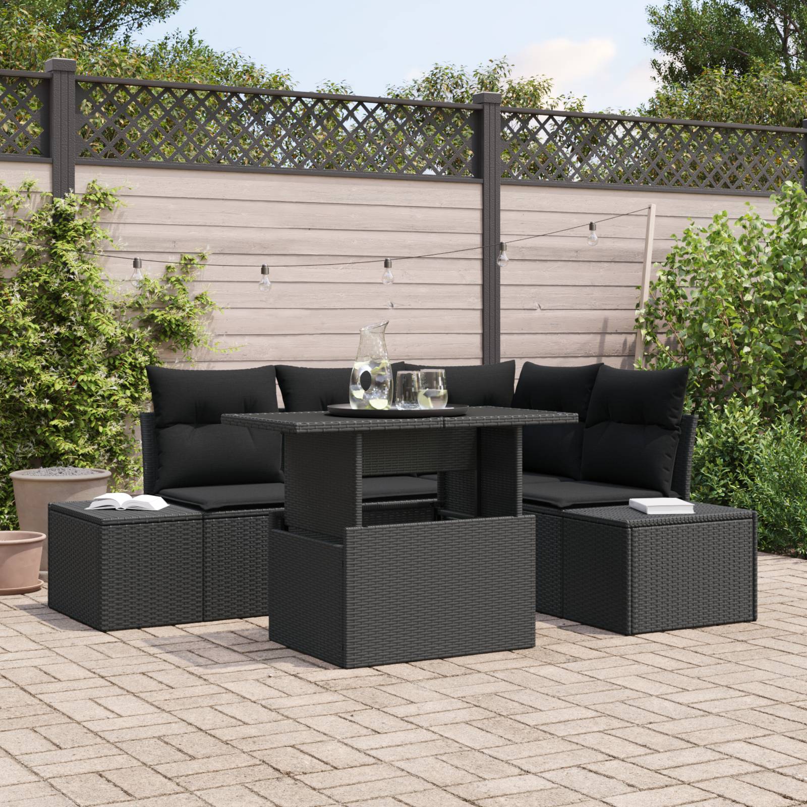 vidaXL 5-tlg. Garten-Sofagarnitur mit Kissen Schwarz Poly Rattan