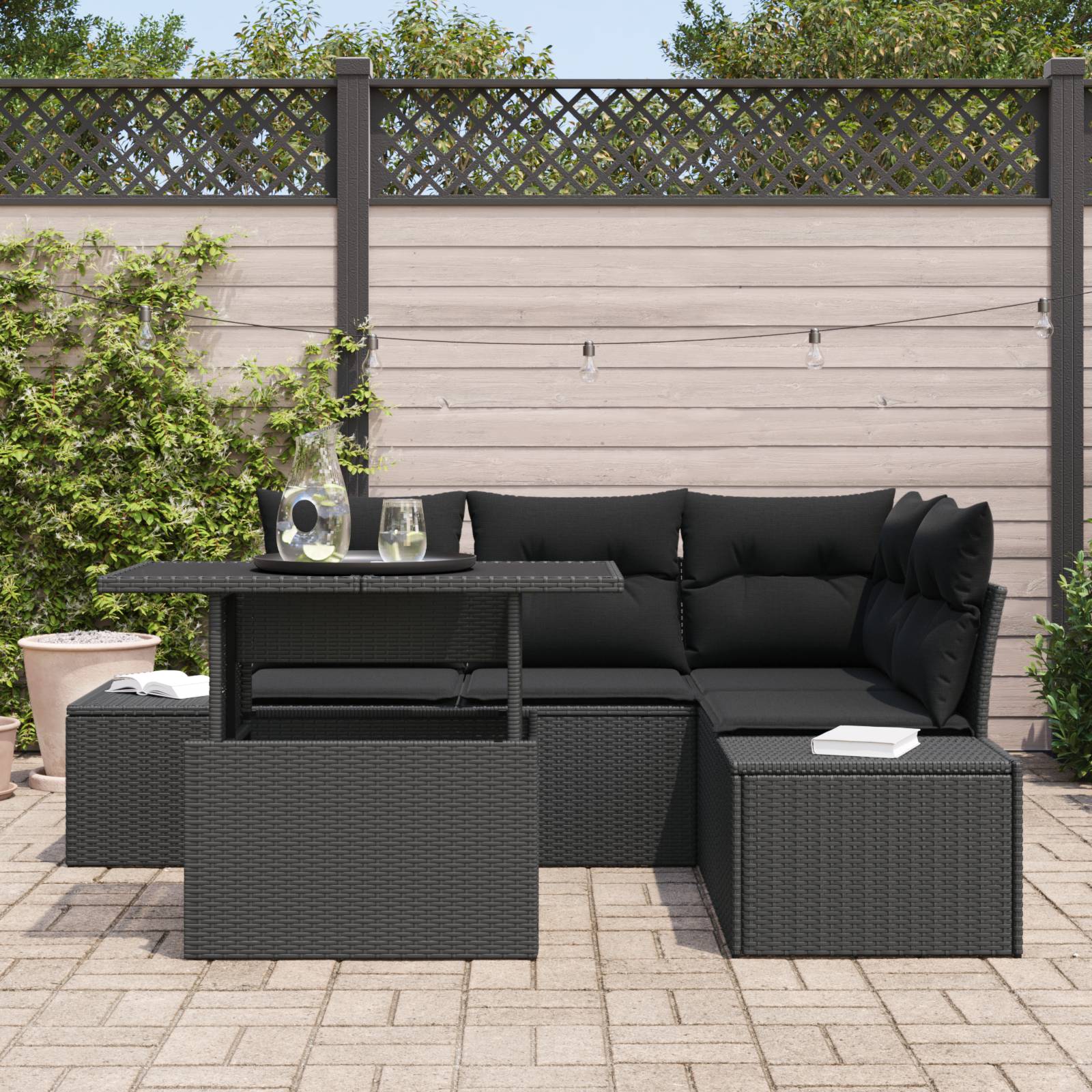 vidaXL 5-tlg. Garten-Sofagarnitur mit Kissen Schwarz Poly Rattan