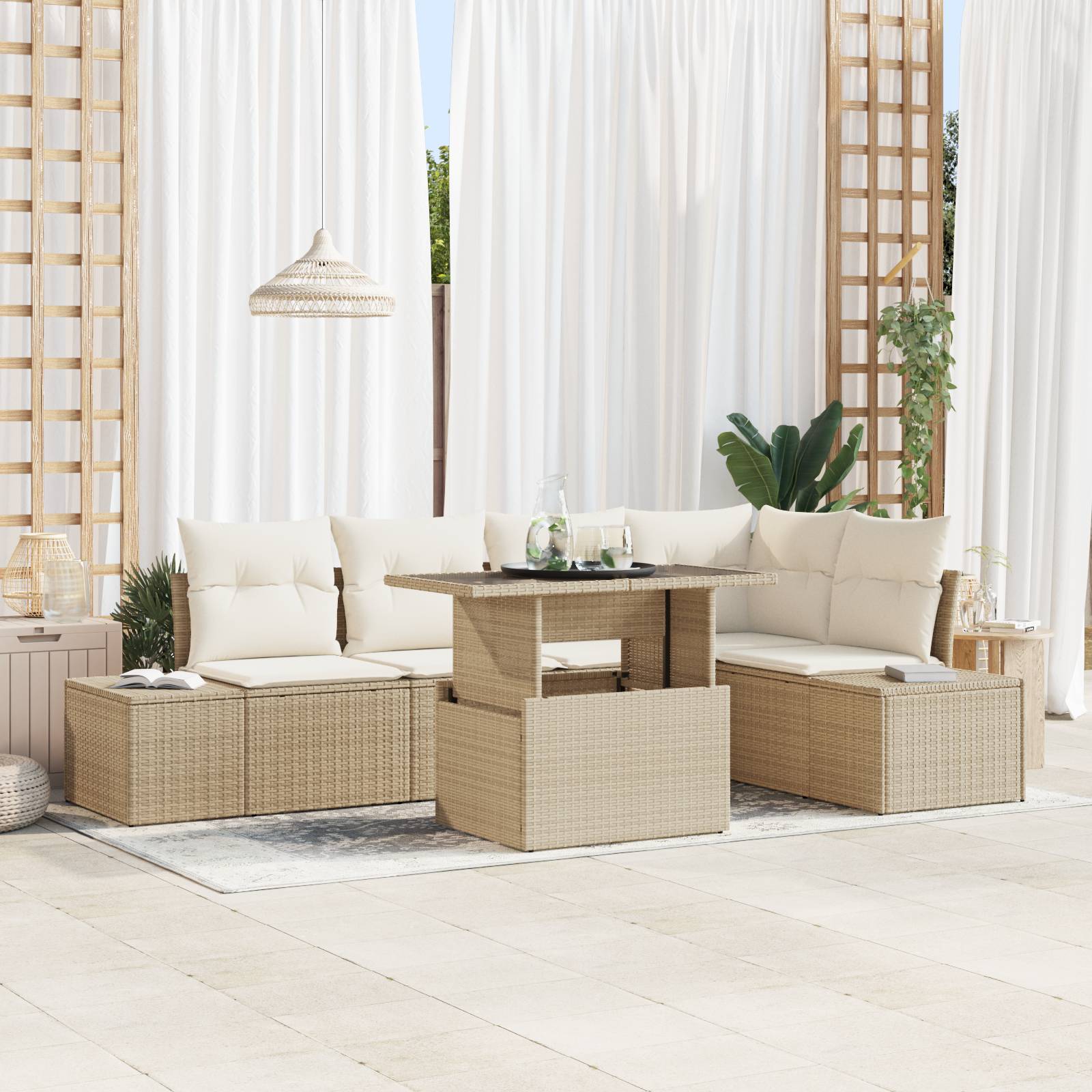 vidaXL 6-tlg. Garten-Sofagarnitur mit Kissen Beige Poly Rattan