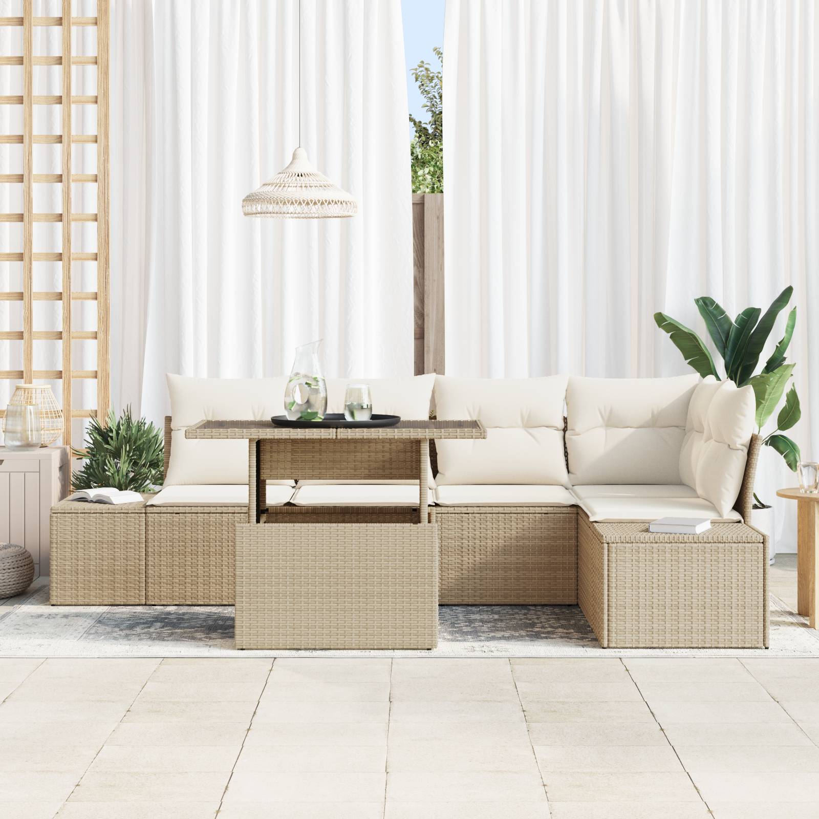 vidaXL 6-tlg. Garten-Sofagarnitur mit Kissen Beige Poly Rattan