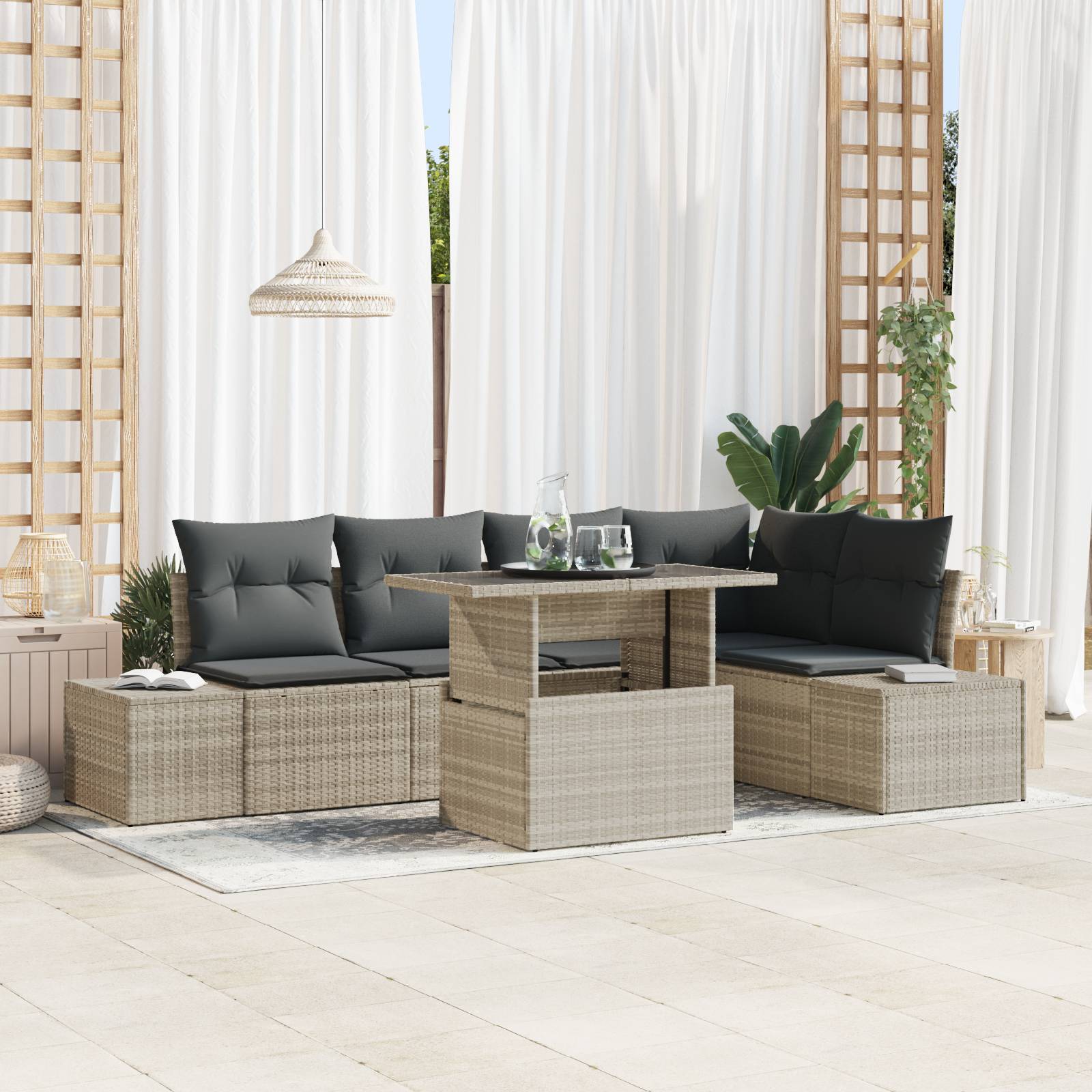 vidaXL 6-tlg. Garten-Sofagarnitur mit Kissen Hellgrau Poly Rattan