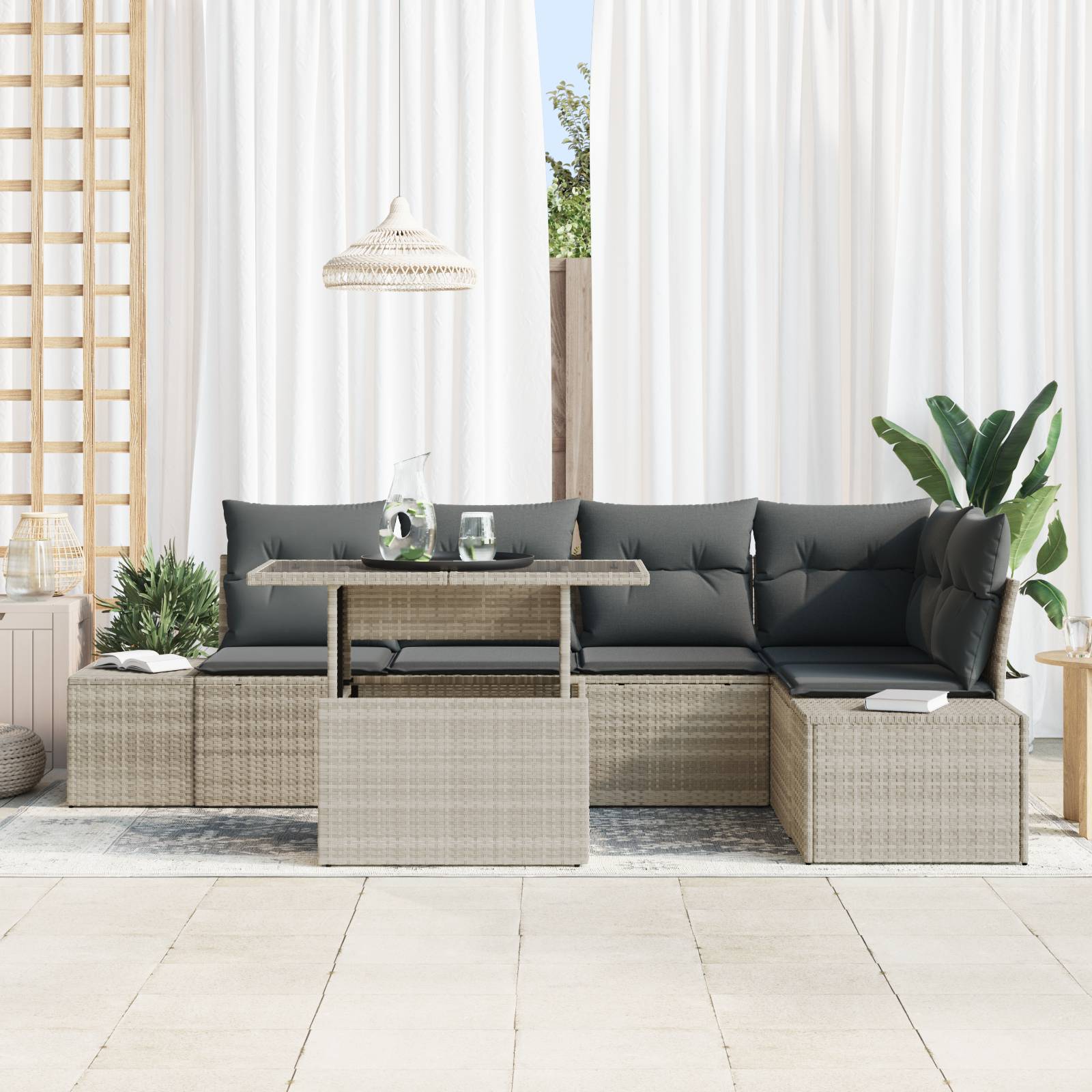vidaXL 6-tlg. Garten-Sofagarnitur mit Kissen Hellgrau Poly Rattan