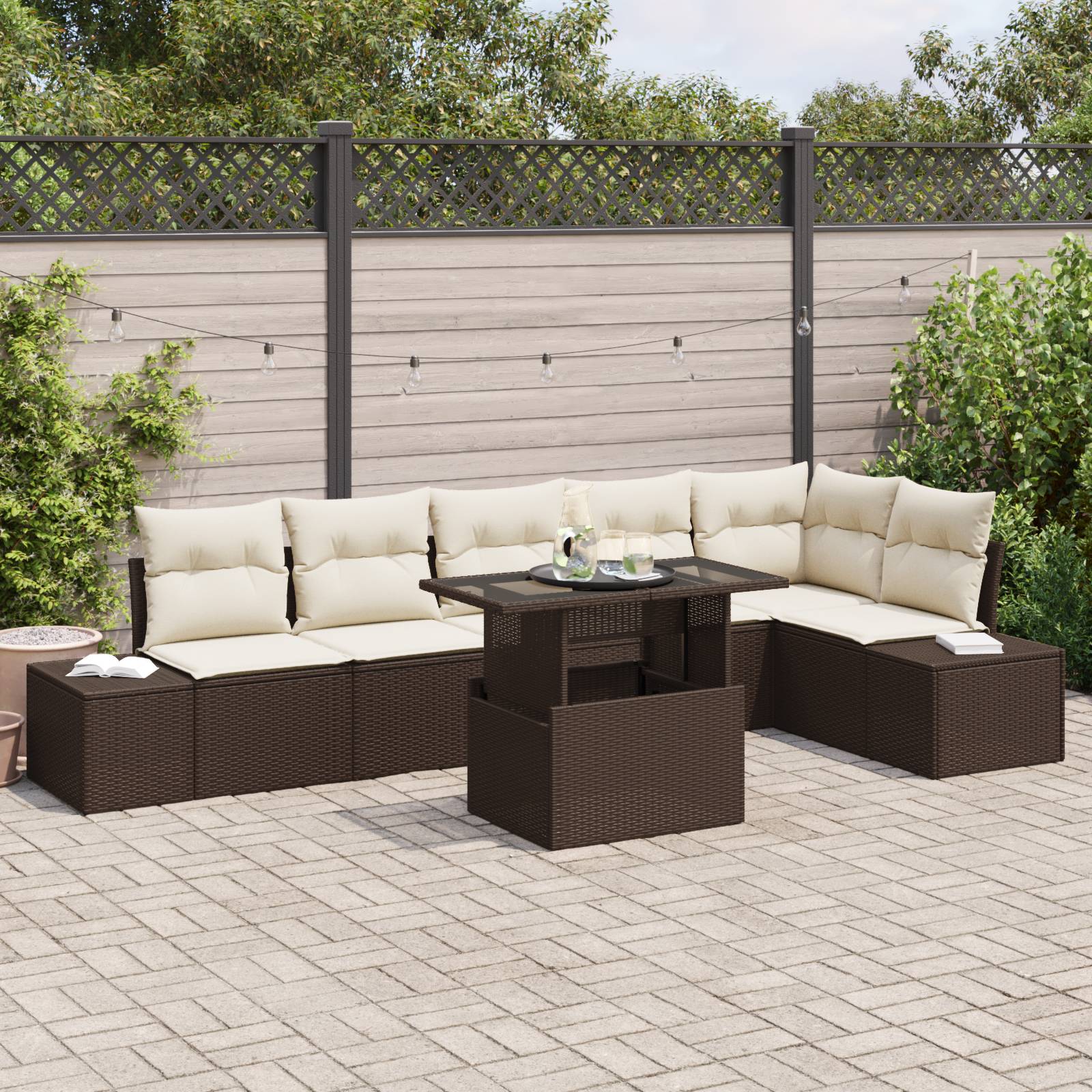 vidaXL 7-tlg. Garten-Sofagarnitur mit Kissen Braun Poly Rattan